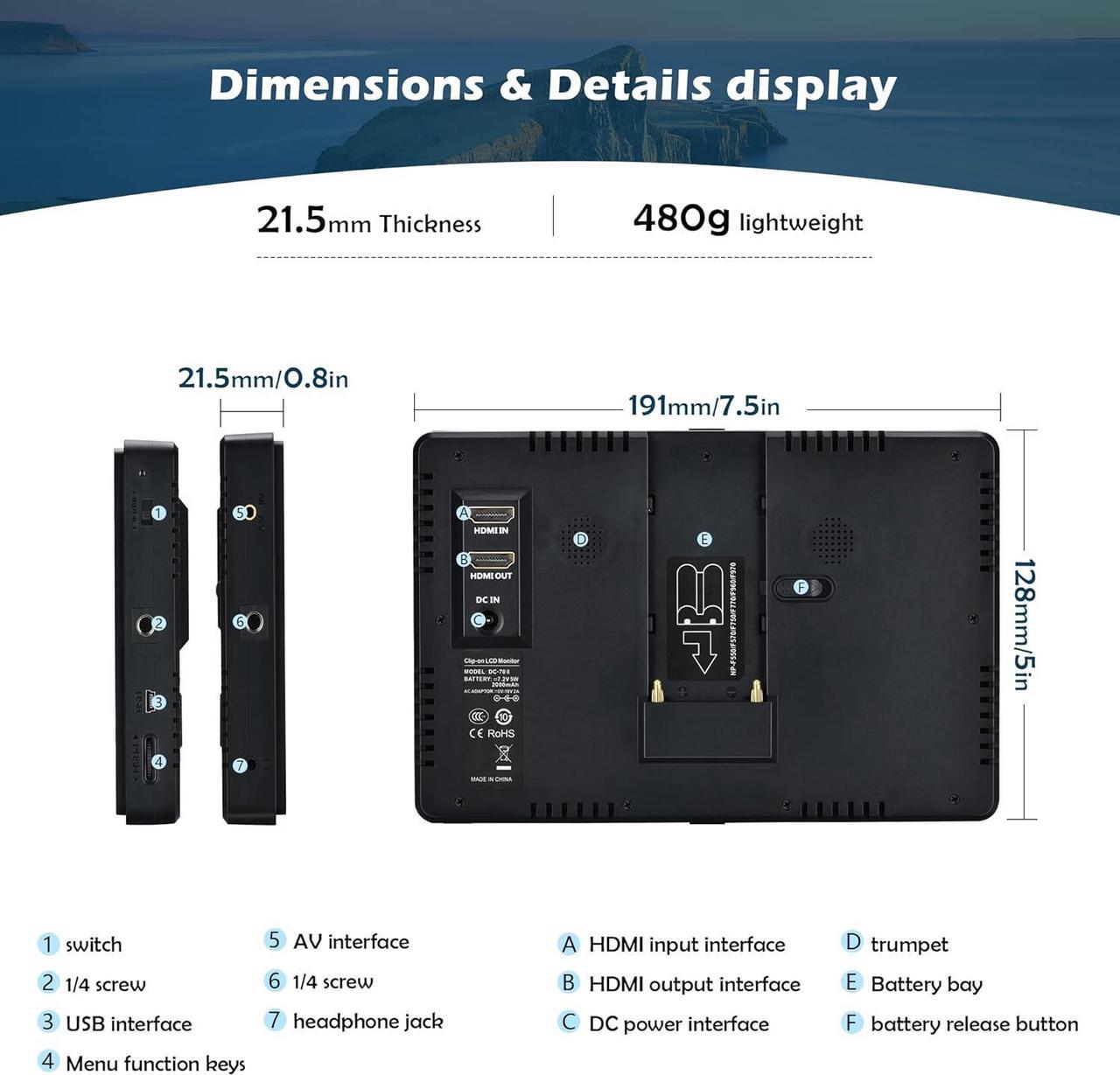 Alt view image 6 of 6 - DC-70 II 7 inch Camera Video Monitor, 4K Camera Field Monitor Kit with HDMI AV Input/Output for Canon Nikon Sony DSLR Camera, Peaking Focus Assist Video Monitor with Sunshade Hood/Battery