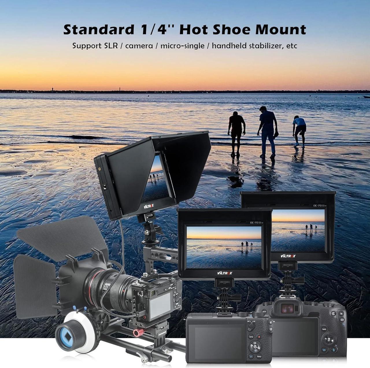 Alt view image 4 of 6 - DC-70 II 7 inch Camera Video Monitor, 4K Camera Field Monitor Kit with HDMI AV Input/Output for Canon Nikon Sony DSLR Camera, Peaking Focus Assist Video Monitor with Sunshade Hood/Battery
