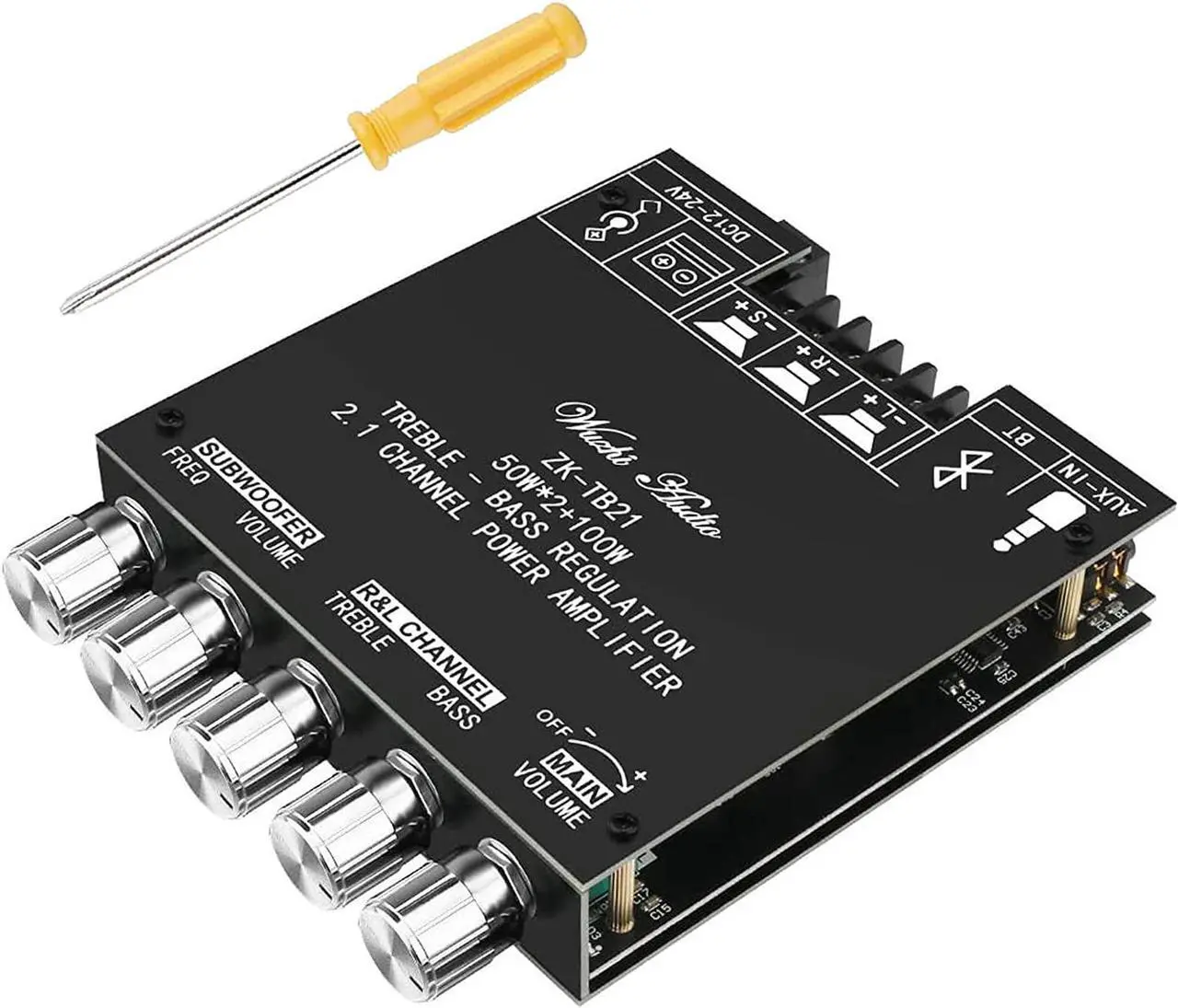 Main image of MakerHawk Bluetooth Amplifier Board HiFi Stereo 2.1 TPA3116D2 2X50W+100W 12V-24V Audio Power Amplifier Module Bass and Treble Control for Store Home Theater Speakers
