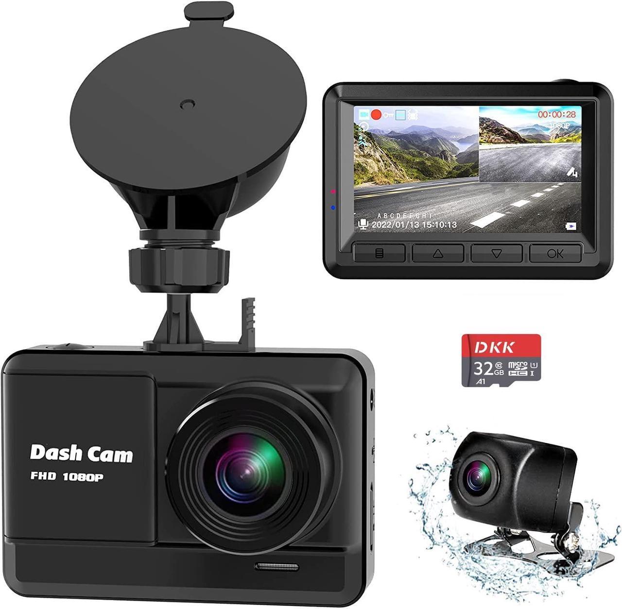 Dash Cam Front and Rear, Mini Dash Cam 1080P Full HD with 32GB SD Card, 2.45 inch IPS Screen, 2 Mounting Ways, Night Vision, WDR, Accident Lock, Loop Recording, Parking Monitor, Motion Detection