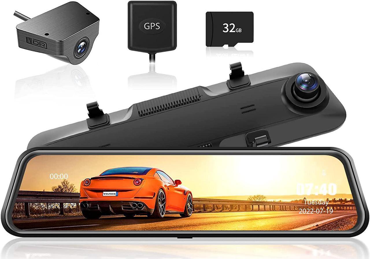 WOLFBOX G840H 12" 2.5K Mirror Dash Cam with Full Touch Screen, Waterproof Backup Camera Rear View Mirror Camera, Dual Driving Recorder Front and Rear for Car, Parking Assist, 32GB TF Card & GPS