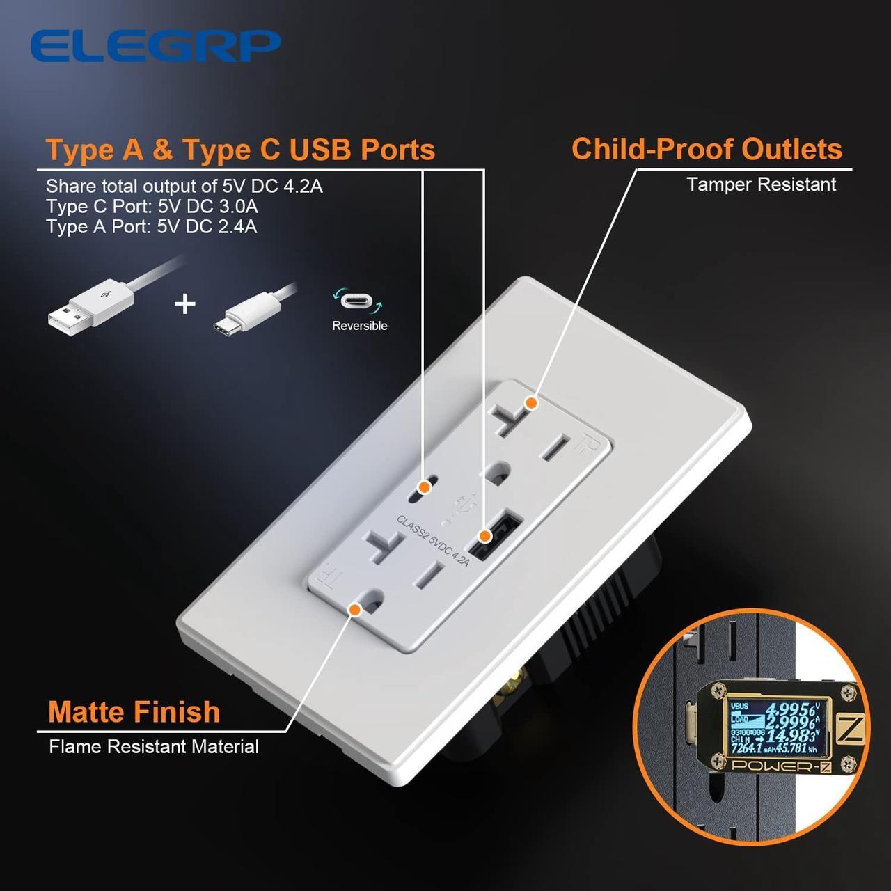 Alt view image 3 of 7 - USB Outlets, 15 Amp Wall Outlet with USB Ports, 21W USB Outlets Receptacles with Type A & Type C Ports, Tamper Resistant Receptacle, Wall Plate Included, Ul Listed (6 Pack, Matte White)