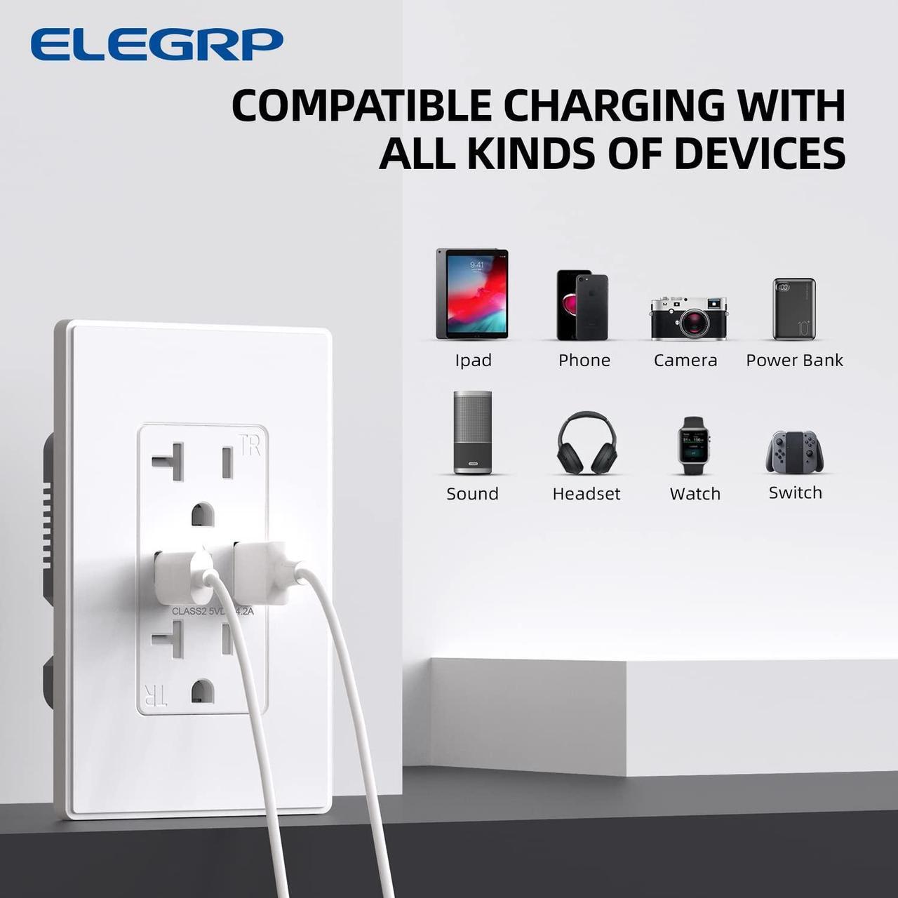 Alt view image 5 of 7 - USB Outlets, 15 Amp Wall Outlet with USB Ports, 21W USB Outlets Receptacles with Type A & Type C Ports, Tamper Resistant Receptacle, Wall Plate Included, Ul Listed (6 Pack, Matte White)