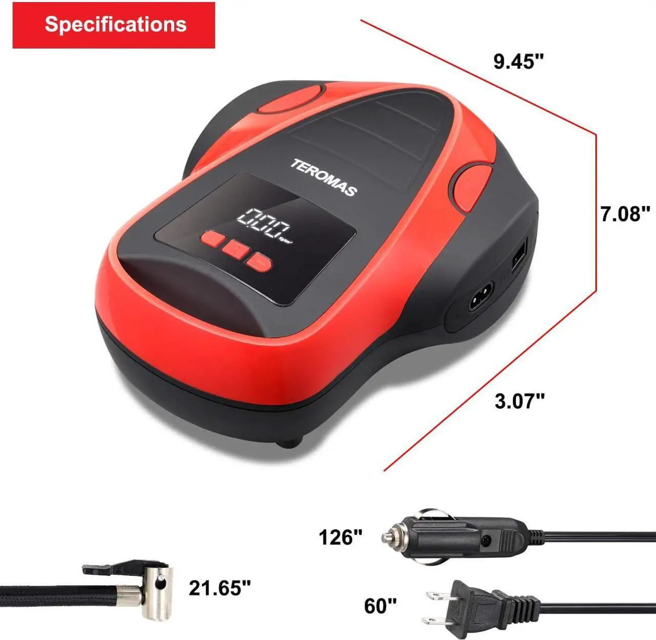 Alt view image 5 of 6 - TEROMAS Tire Inflator Air Compressor, Portable DC/AC Air Pump for Car Tires 12V DC and Other Inflatables at Home 110V AC, Digital Electric Tire Pump with Pressure Gauge (Red)
