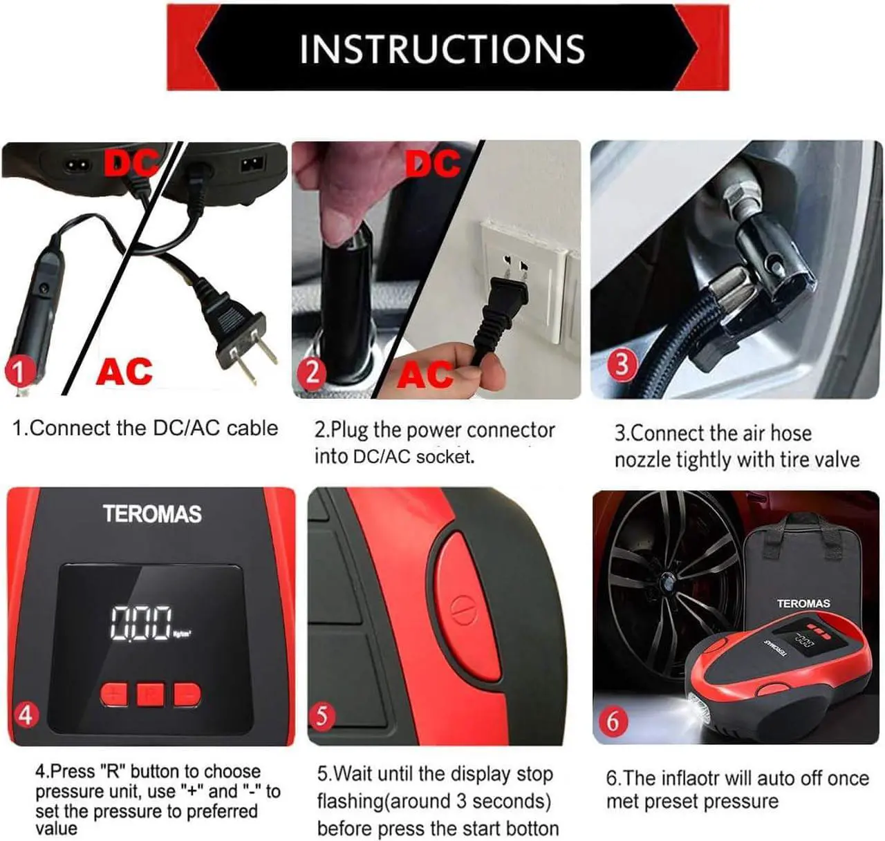 Alt view image 4 of 6 - TEROMAS Tire Inflator Air Compressor, Portable DC/AC Air Pump for Car Tires 12V DC and Other Inflatables at Home 110V AC, Digital Electric Tire Pump with Pressure Gauge (Red)