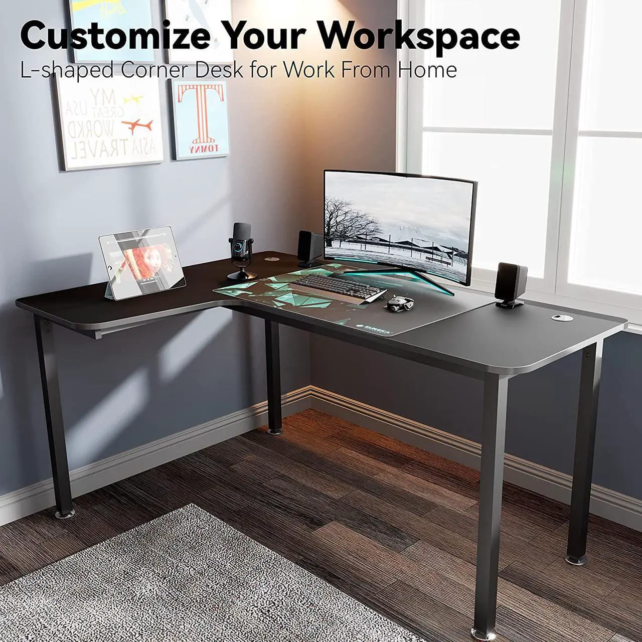 Alt view image 4 of 7 - DESIGNA 60 Inch L Shaped Gaming Desk, Corner Computer Desk, Home Office Study Writing Desk, Larger Gaming Table Gamer Workstation with Large Mouse Pad, Space Saving, Easy to Assemble, Left Side Black