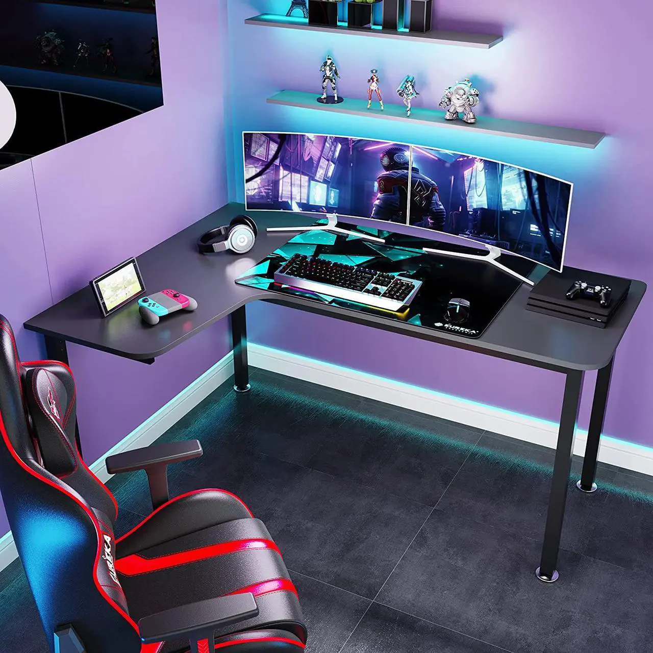 Alt view image 2 of 7 - DESIGNA 60 Inch L Shaped Gaming Desk, Corner Computer Desk, Home Office Study Writing Desk, Larger Gaming Table Gamer Workstation with Large Mouse Pad, Space Saving, Easy to Assemble, Left Side Black