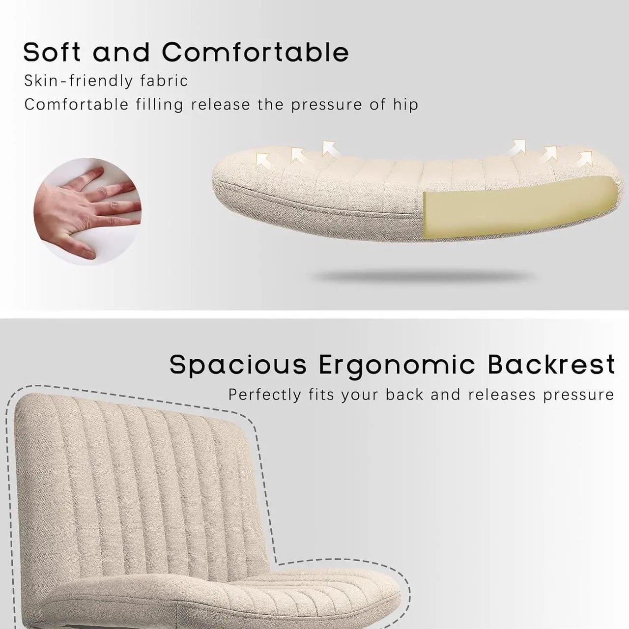 Alt view image 6 of 7 - PUKAMI Criss Cross Chair,Comfy Cross Legged Office Desk Chair No Wheels,Fabric Modern Swivel Height Adjustable Mid Back Wide Seat Computer Cute Makeup Task Vanity Chair for Home Office(Beige)