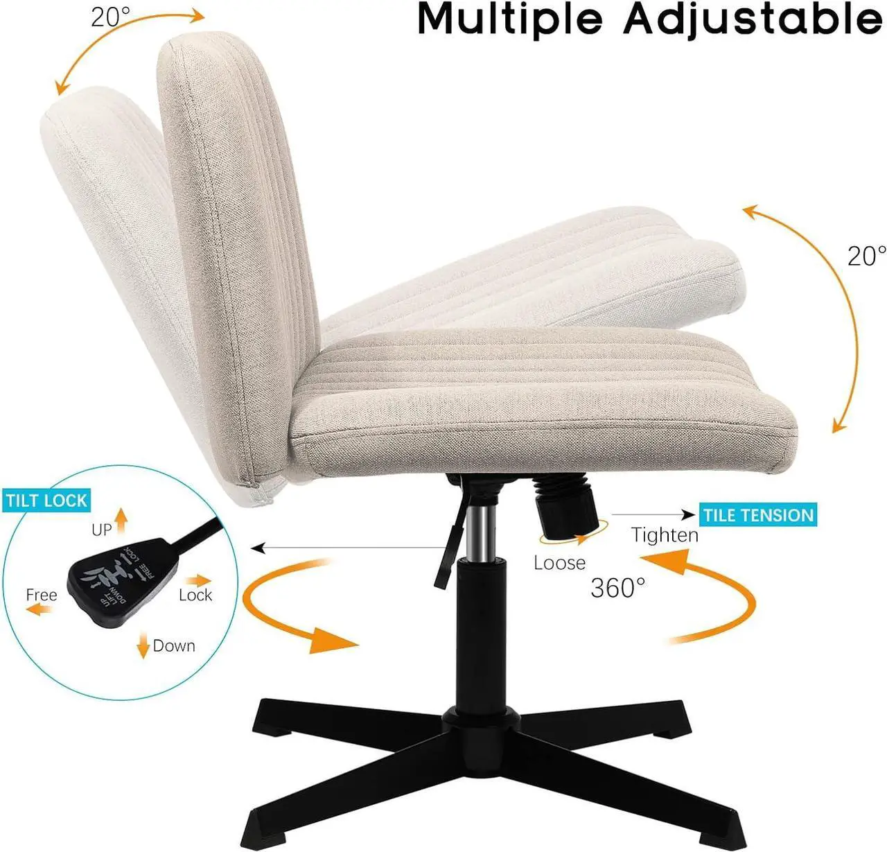 Alt view image 7 of 7 - PUKAMI Criss Cross Chair,Comfy Cross Legged Office Desk Chair No Wheels,Fabric Modern Swivel Height Adjustable Mid Back Wide Seat Computer Cute Makeup Task Vanity Chair for Home Office(Beige)