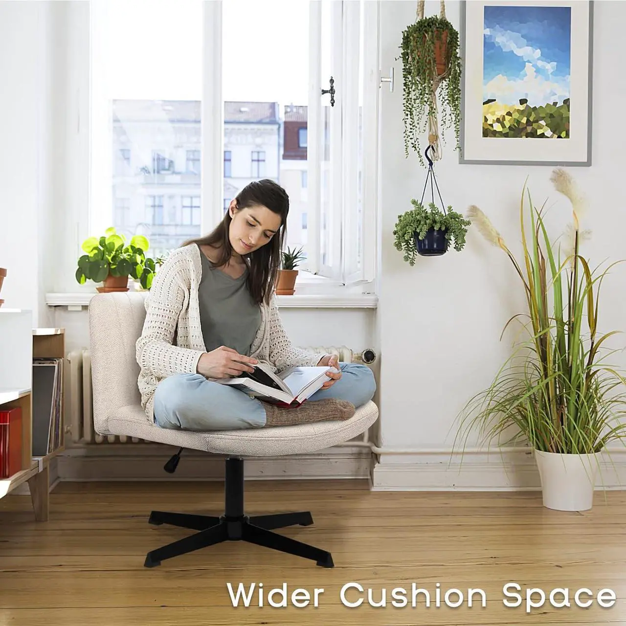 Alt view image 3 of 7 - PUKAMI Criss Cross Chair,Comfy Cross Legged Office Desk Chair No Wheels,Fabric Modern Swivel Height Adjustable Mid Back Wide Seat Computer Cute Makeup Task Vanity Chair for Home Office(Beige)