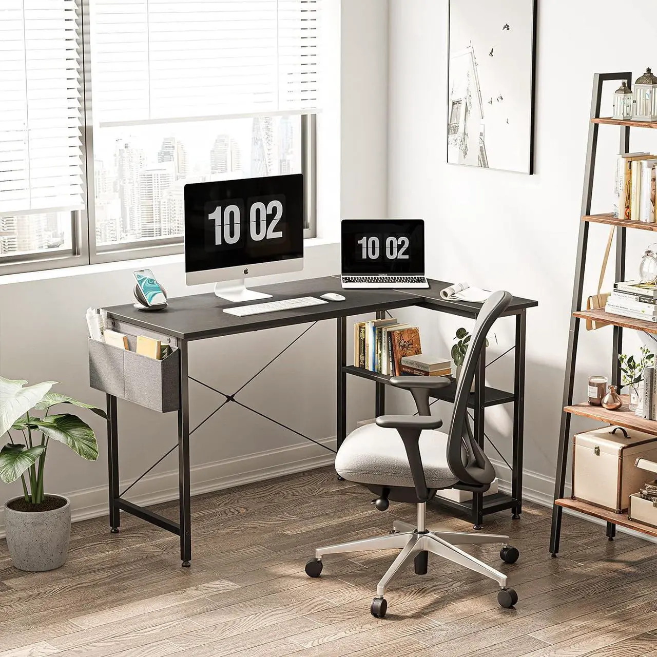 Alt view image 6 of 7 - L Shaped Desk, 40" Small Reversible Corner Computer Desk with Storage Shelves, Home Office Desk Study Writing Table, Black