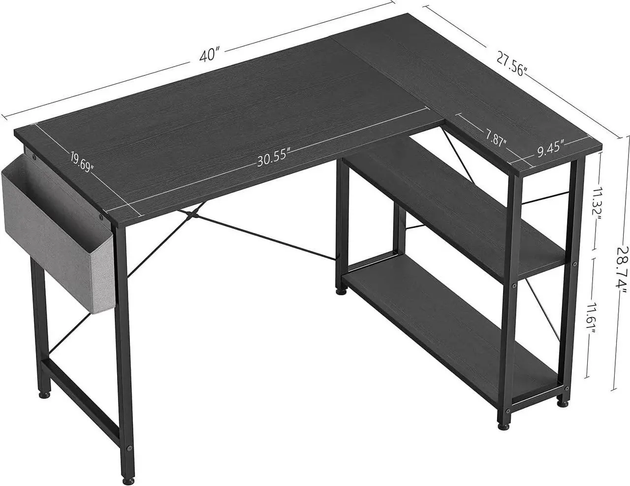 Alt view image 3 of 7 - L Shaped Desk, 40" Small Reversible Corner Computer Desk with Storage Shelves, Home Office Desk Study Writing Table, Black