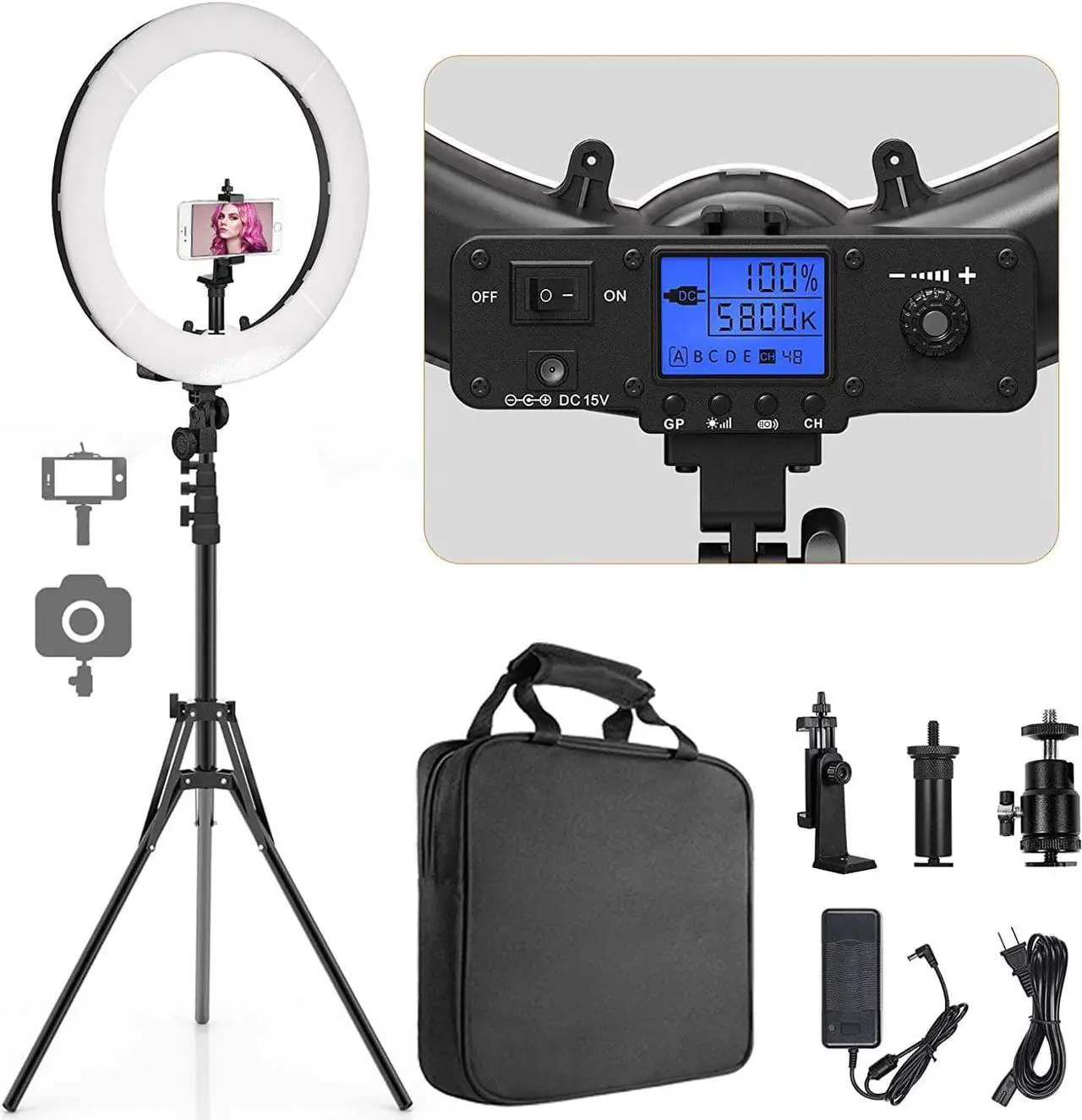 Main image of Ring Light, 19" Bi-Color LCD Display Ring Light with Stand, 55W 3000-5800K CRI97 Light Ring for Vlogging Selfie-Portrait Live Stream Video Photography Shooting