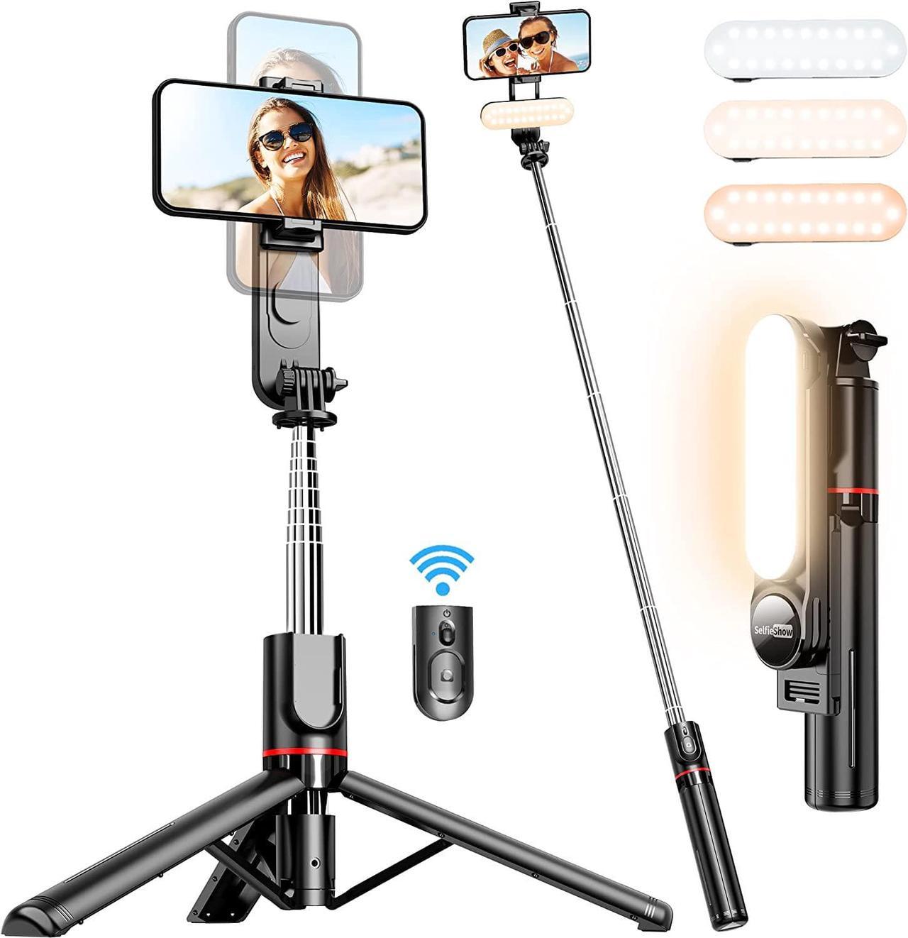 Stable Selfie Stick Tripod with Fill Light, 44 Inch Extendable Selfie Stick with Wireless Remote and Tripod Stand 360 Rotation for iPhone 15/14/13/12/11 Pro/XS Max/XS/XR/X/8/7, Samsung and Smartphone