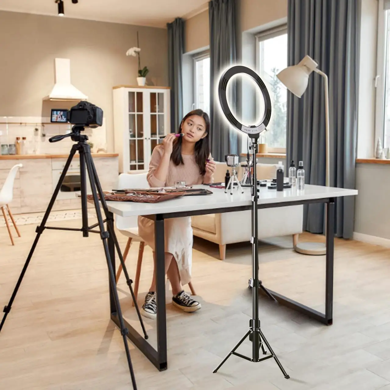 Alt view image 3 of 7 - Fugetek 12" Selfie Ring Light with 68" Aluminum Tripod Stand, Bluetooth Remote, Extendable, for Video, Photos, Make Up, 3 Color Mode Controller, USB Powered, Apple & Android Compatible