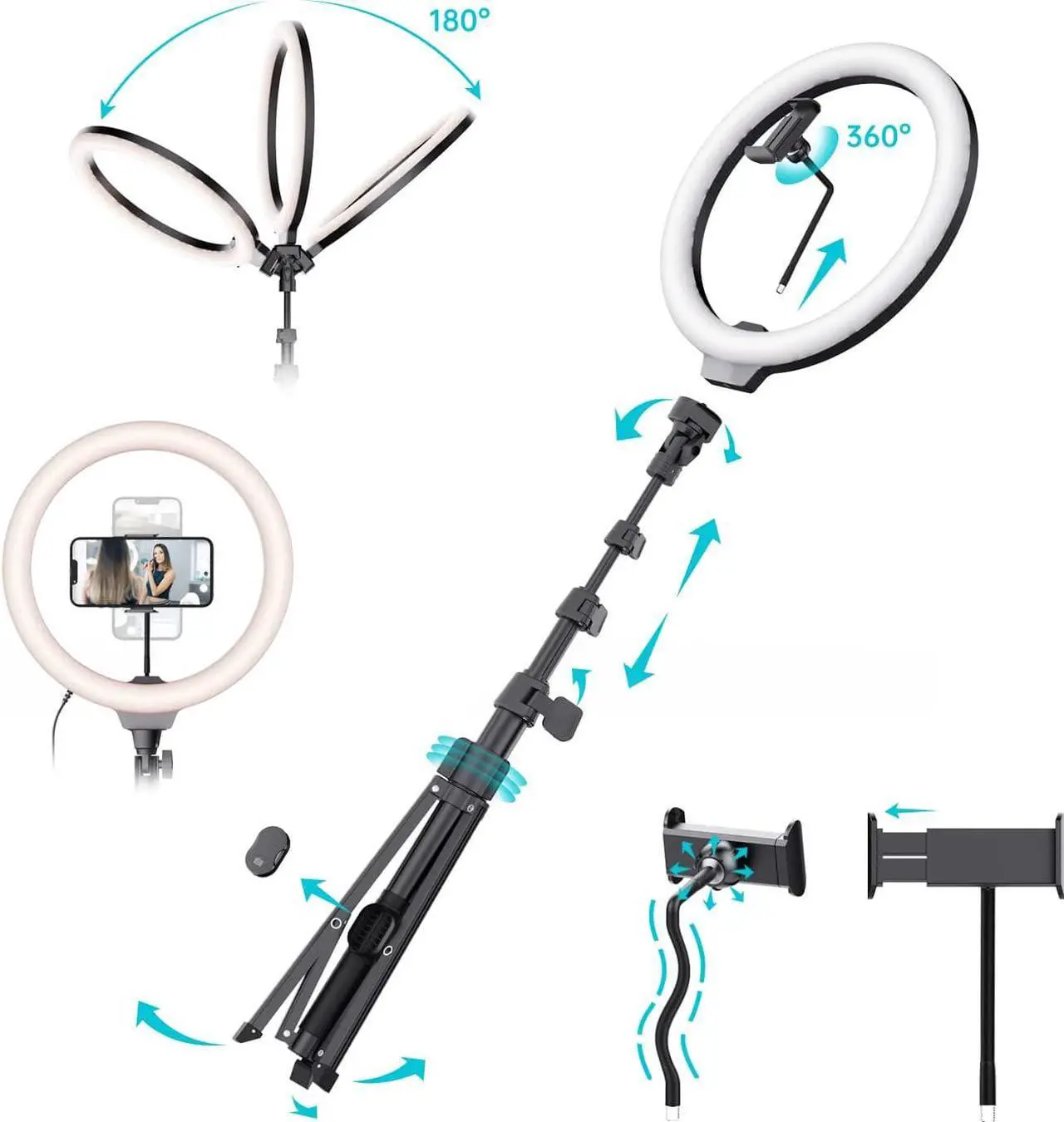 Alt view image 2 of 7 - Fugetek 12" Selfie Ring Light with 68" Aluminum Tripod Stand, Bluetooth Remote, Extendable, for Video, Photos, Make Up, 3 Color Mode Controller, USB Powered, Apple & Android Compatible