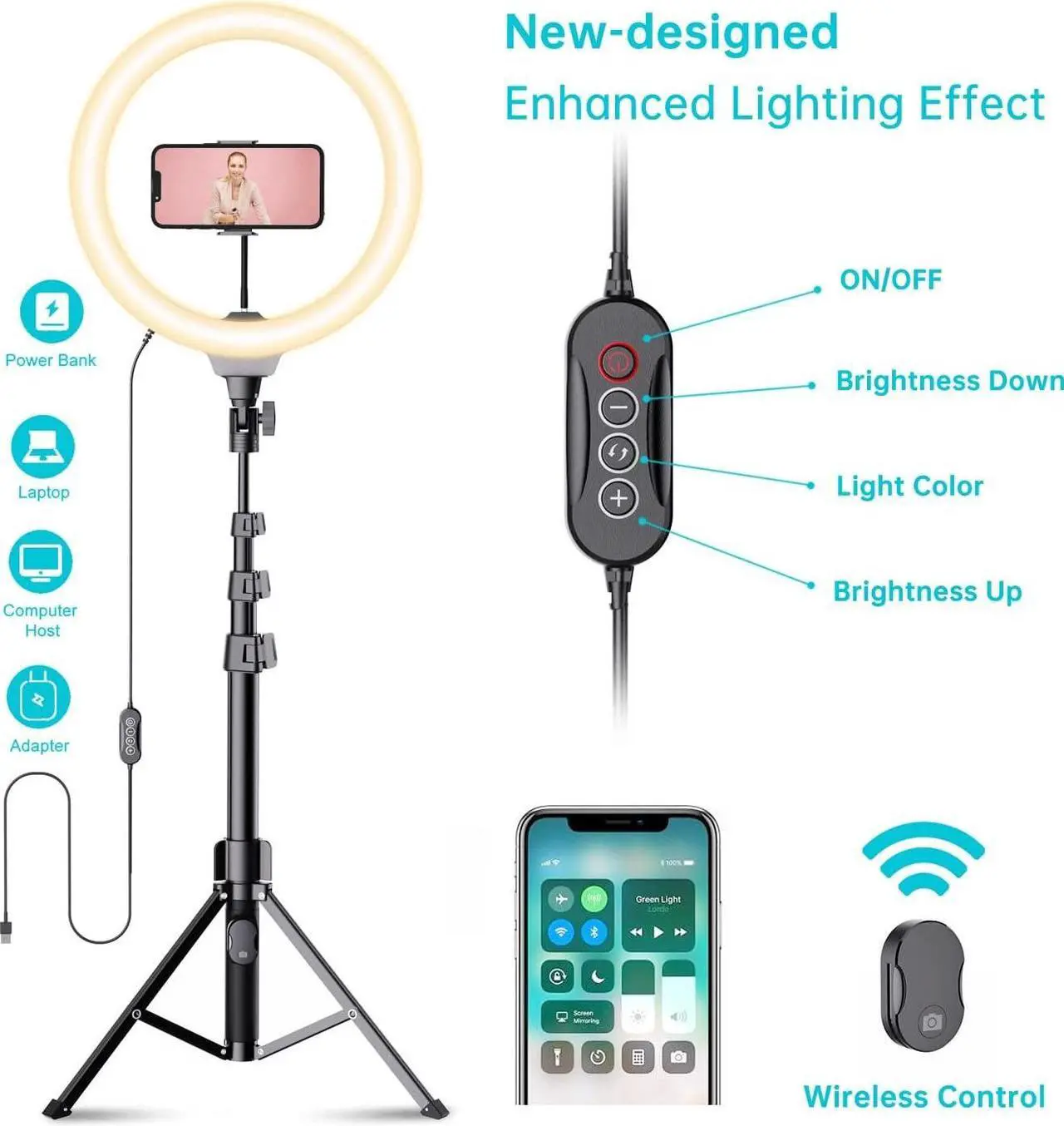 Alt view image 6 of 7 - Fugetek 12" Selfie Ring Light with 68" Aluminum Tripod Stand, Bluetooth Remote, Extendable, for Video, Photos, Make Up, 3 Color Mode Controller, USB Powered, Apple & Android Compatible