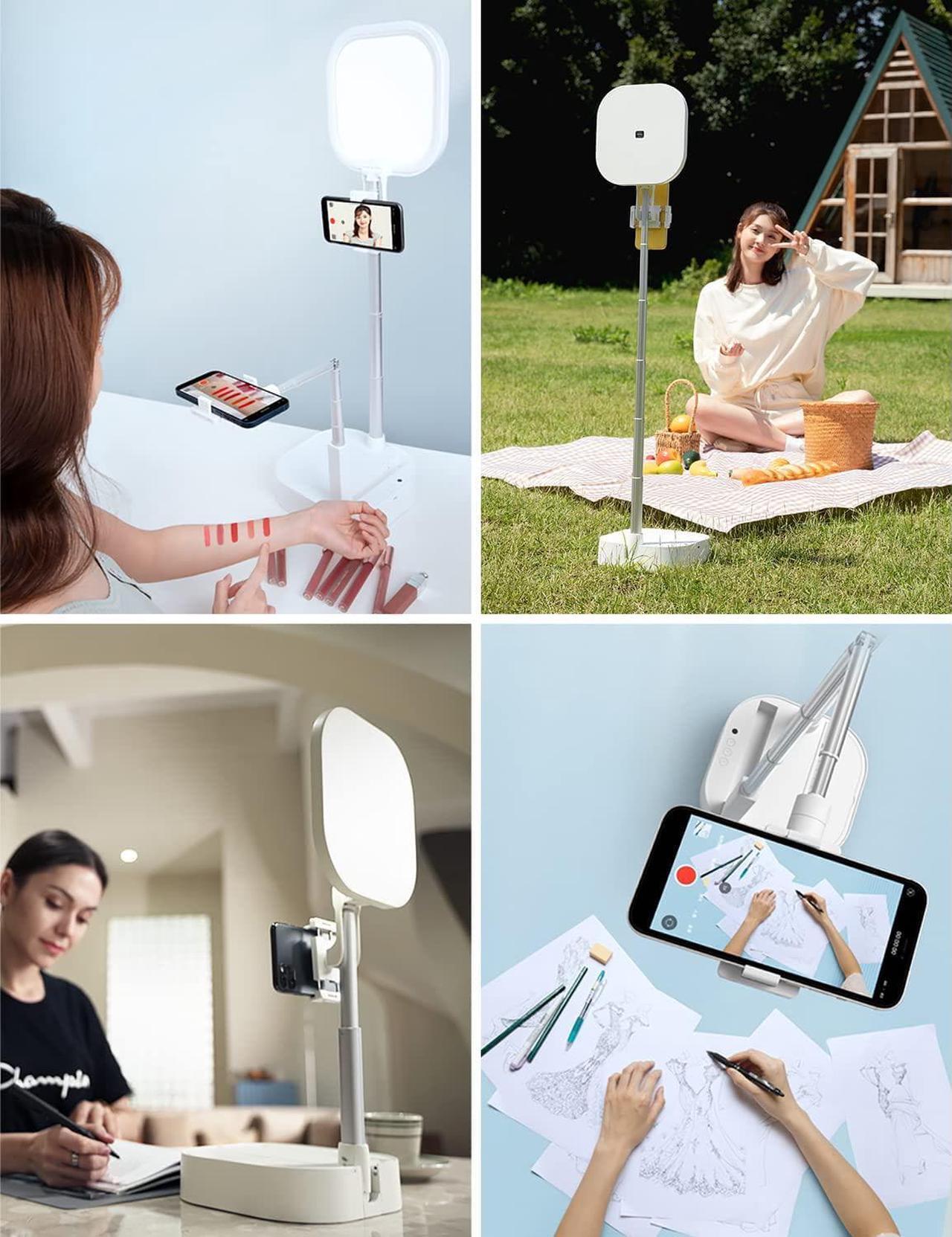 Alt view image 2 of 7 - Viozon Extendable Selfie Stand,Height&Angle Adjustable,Overhead 360° Rotate,2 Phone Holders,Rechargeable Wireless Foldable 15 Brightness LED Light for Live Streaming/YouTube/Tiktok/Video/Makeup