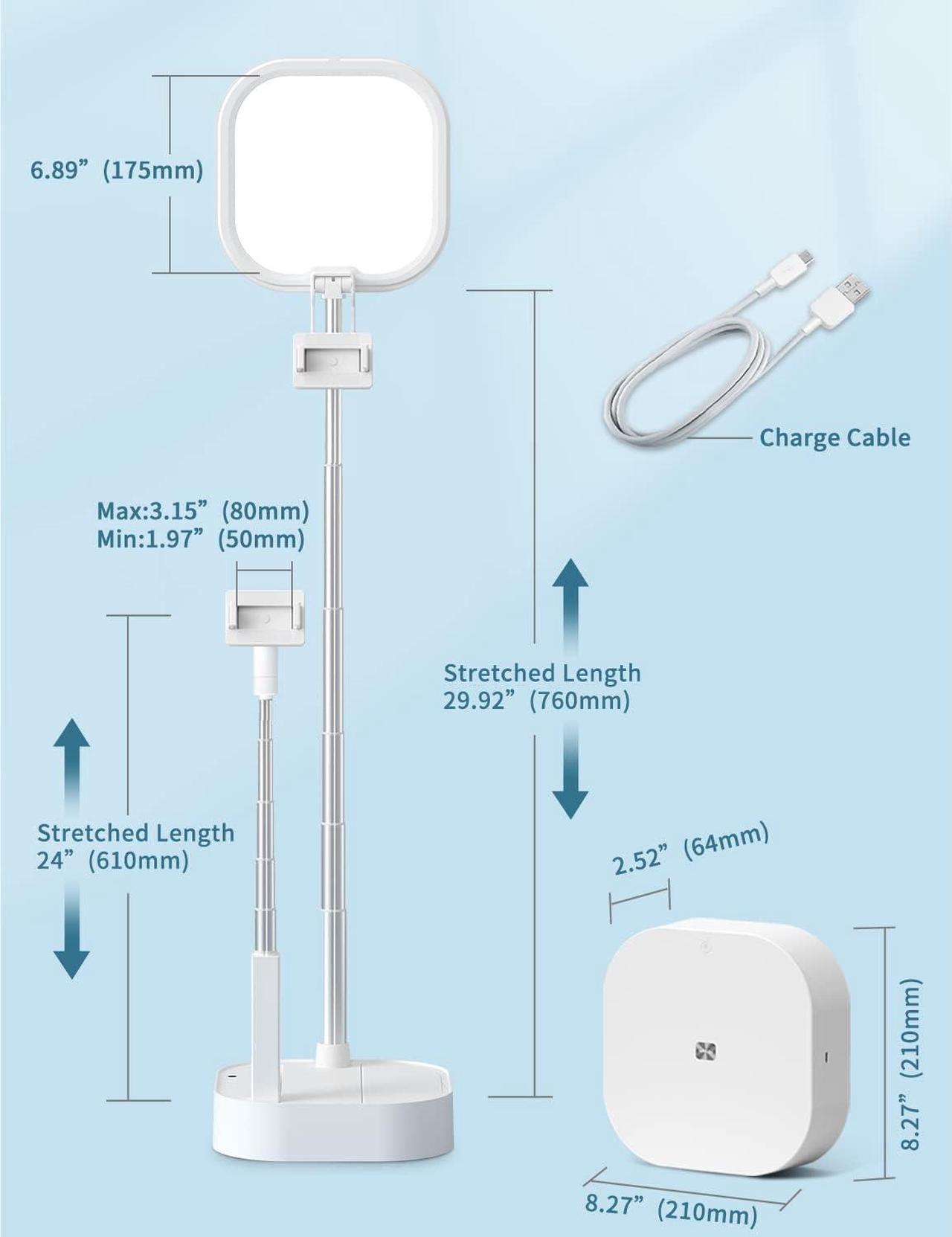 Alt view image 4 of 7 - Viozon Extendable Selfie Stand,Height&Angle Adjustable,Overhead 360° Rotate,2 Phone Holders,Rechargeable Wireless Foldable 15 Brightness LED Light for Live Streaming/YouTube/Tiktok/Video/Makeup