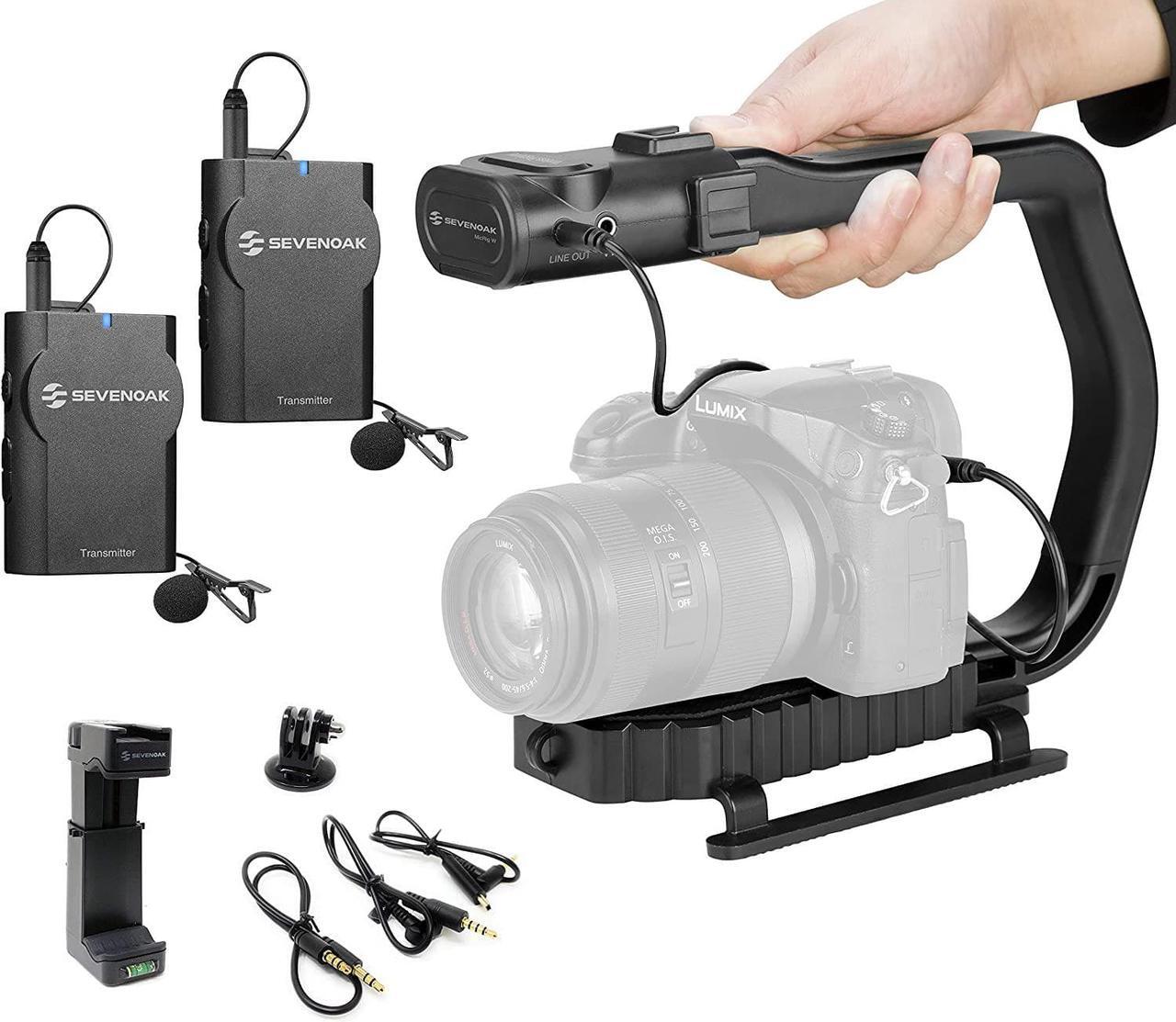 Main image of Movo MicRig-W2 Wireless Microphone Filmmaker Kit - Video Handle Stabilizer with Built-in Dual Wireless Lavalier Microphone Compatible with Canon EOS, Nikon, Sony, Panasonic DSLR and Mirrorless Cameras