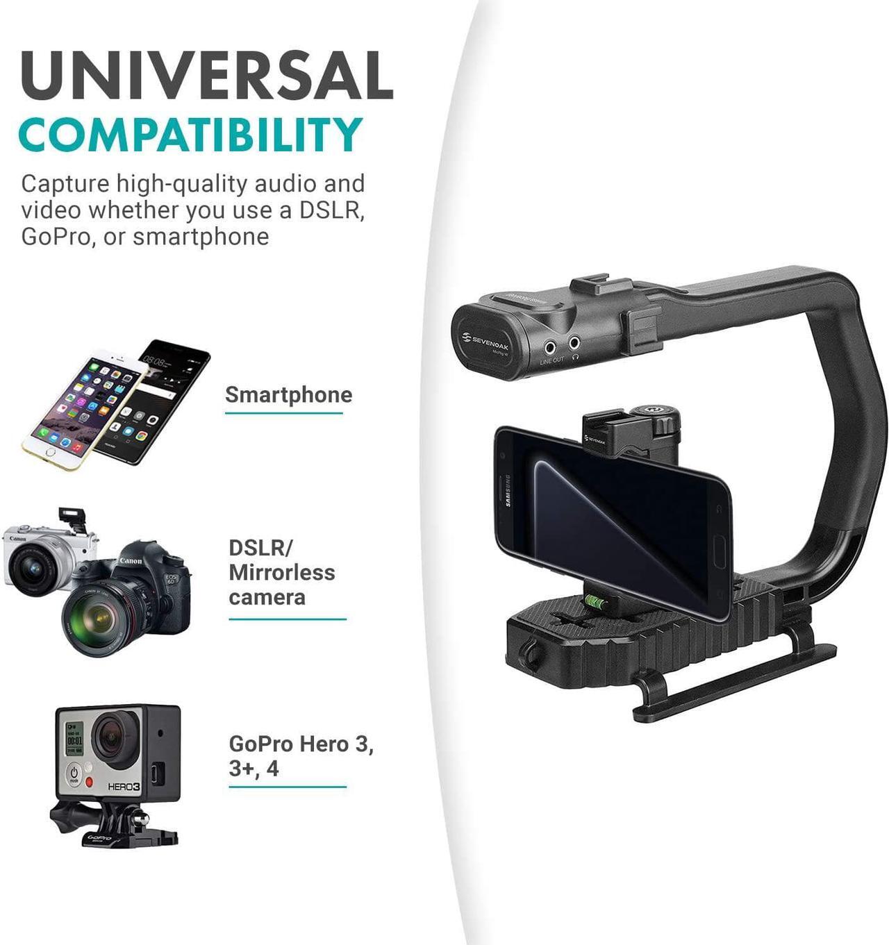 Alt view image 3 of 7 - Movo MicRig-W2 Wireless Microphone Filmmaker Kit - Video Handle Stabilizer with Built-in Dual Wireless Lavalier Microphone Compatible with Canon EOS, Nikon, Sony, Panasonic DSLR and Mirrorless Cameras