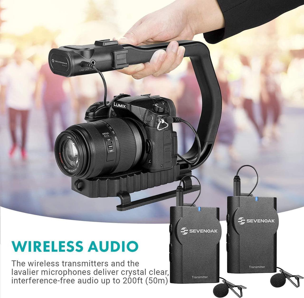 Alt view image 4 of 7 - Movo MicRig-W2 Wireless Microphone Filmmaker Kit - Video Handle Stabilizer with Built-in Dual Wireless Lavalier Microphone Compatible with Canon EOS, Nikon, Sony, Panasonic DSLR and Mirrorless Cameras