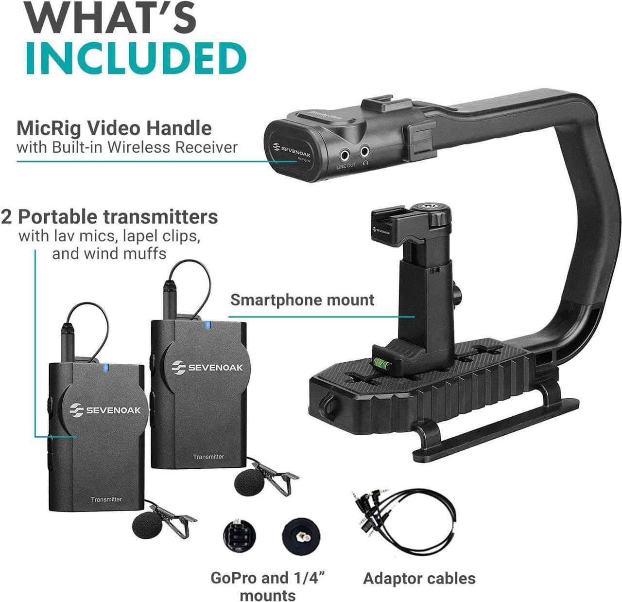 Alt view image 7 of 7 - Movo MicRig-W2 Wireless Microphone Filmmaker Kit - Video Handle Stabilizer with Built-in Dual Wireless Lavalier Microphone Compatible with Canon EOS, Nikon, Sony, Panasonic DSLR and Mirrorless Cameras
