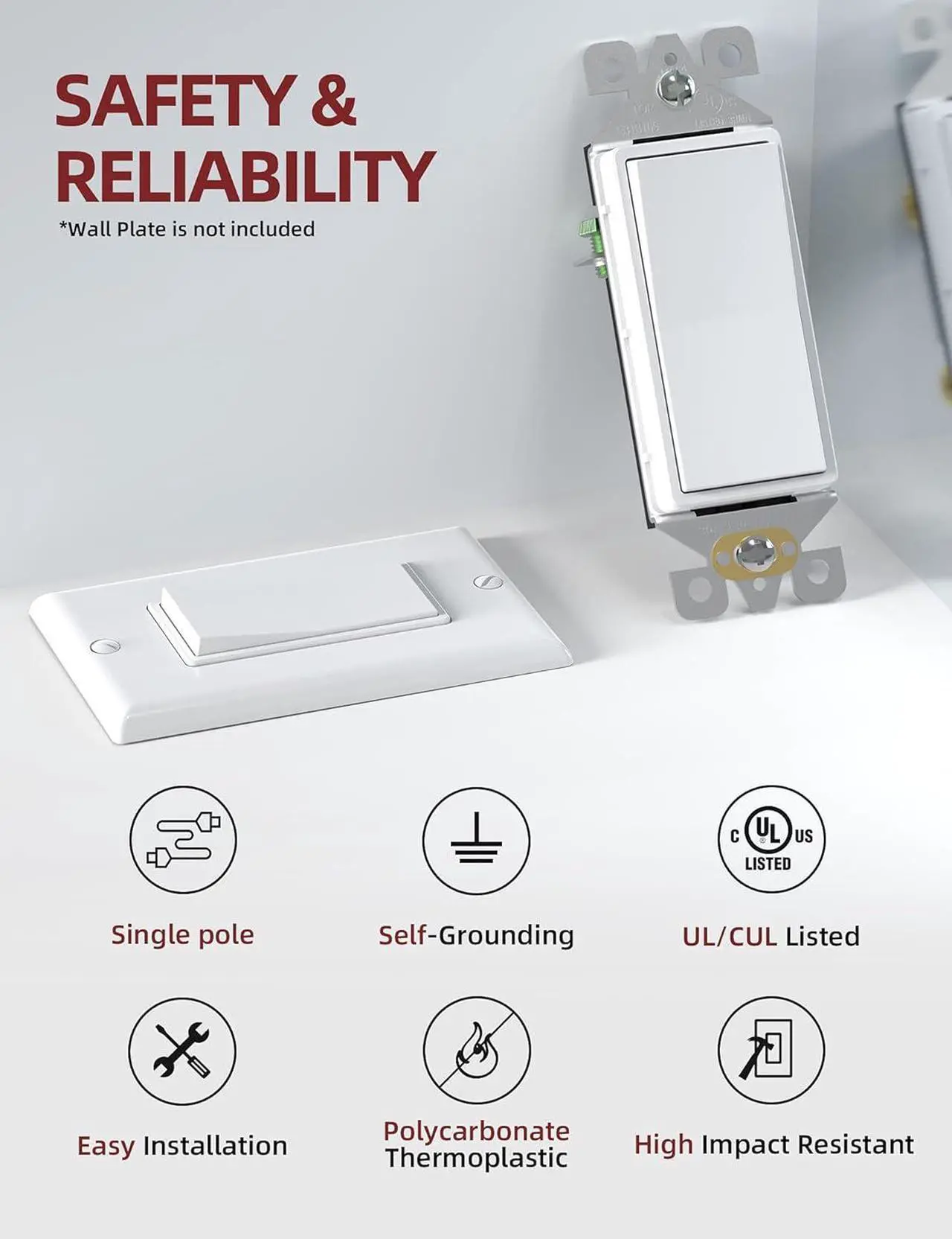Alt view image 2 of 7 - Single Pole Rocker Decora Light Switch, 15 Amp Self-grounding Electrical Light Switches, Residential Grade, UL Listed (50 Pack, White)