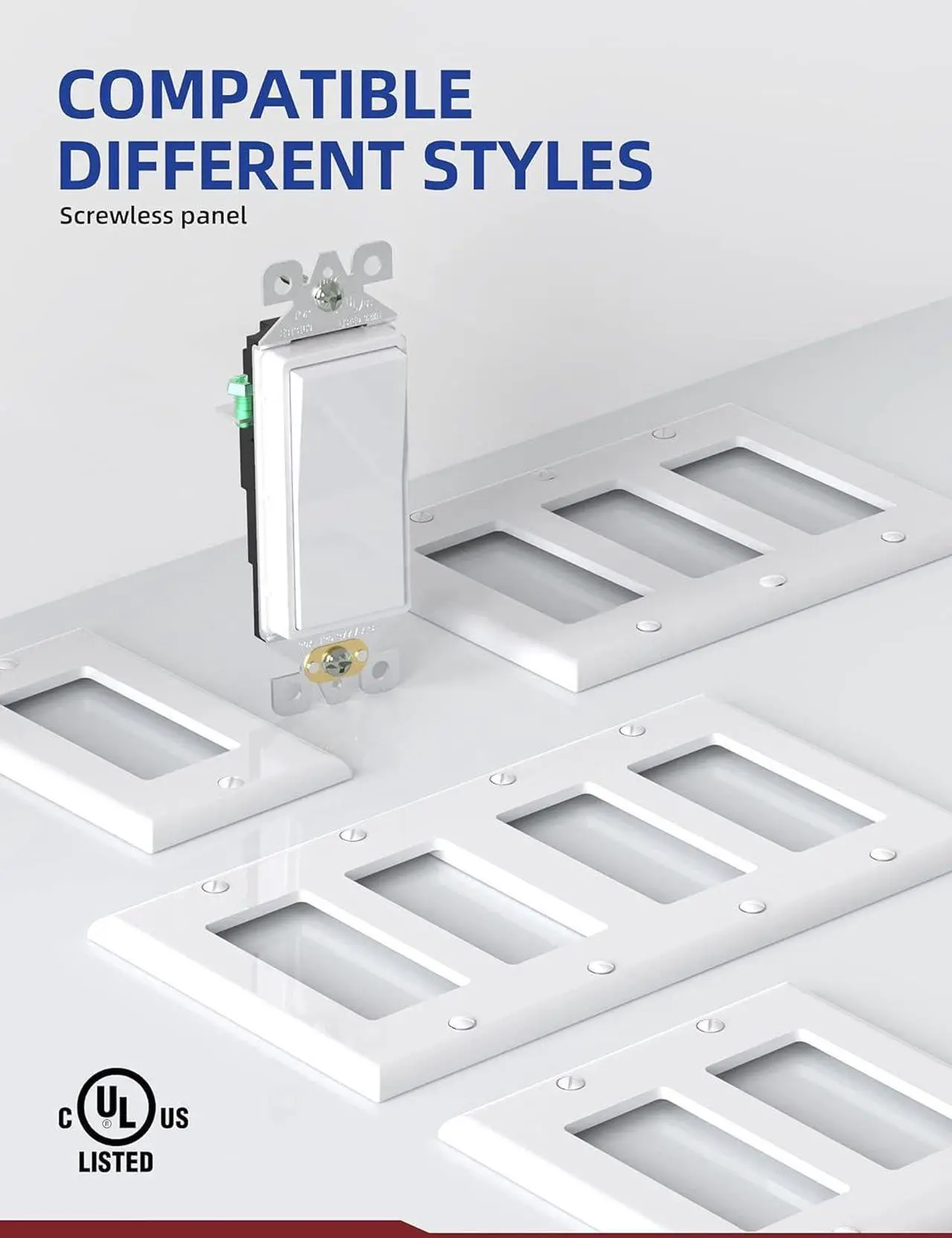 Alt view image 4 of 7 - Single Pole Rocker Decora Light Switch, 15 Amp Self-grounding Electrical Light Switches, Residential Grade, UL Listed (50 Pack, White)