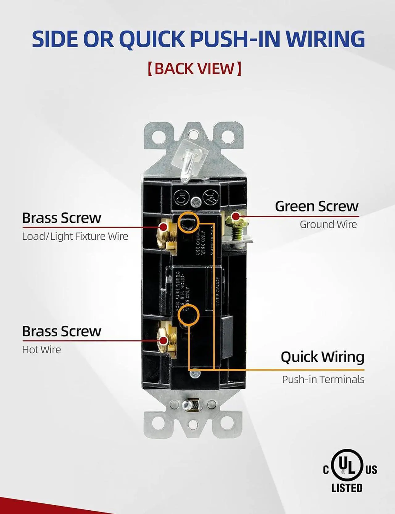 Alt view image 7 of 7 - Single Pole Rocker Decora Light Switch, 15 Amp Self-grounding Electrical Light Switches, Residential Grade, UL Listed (50 Pack, White)
