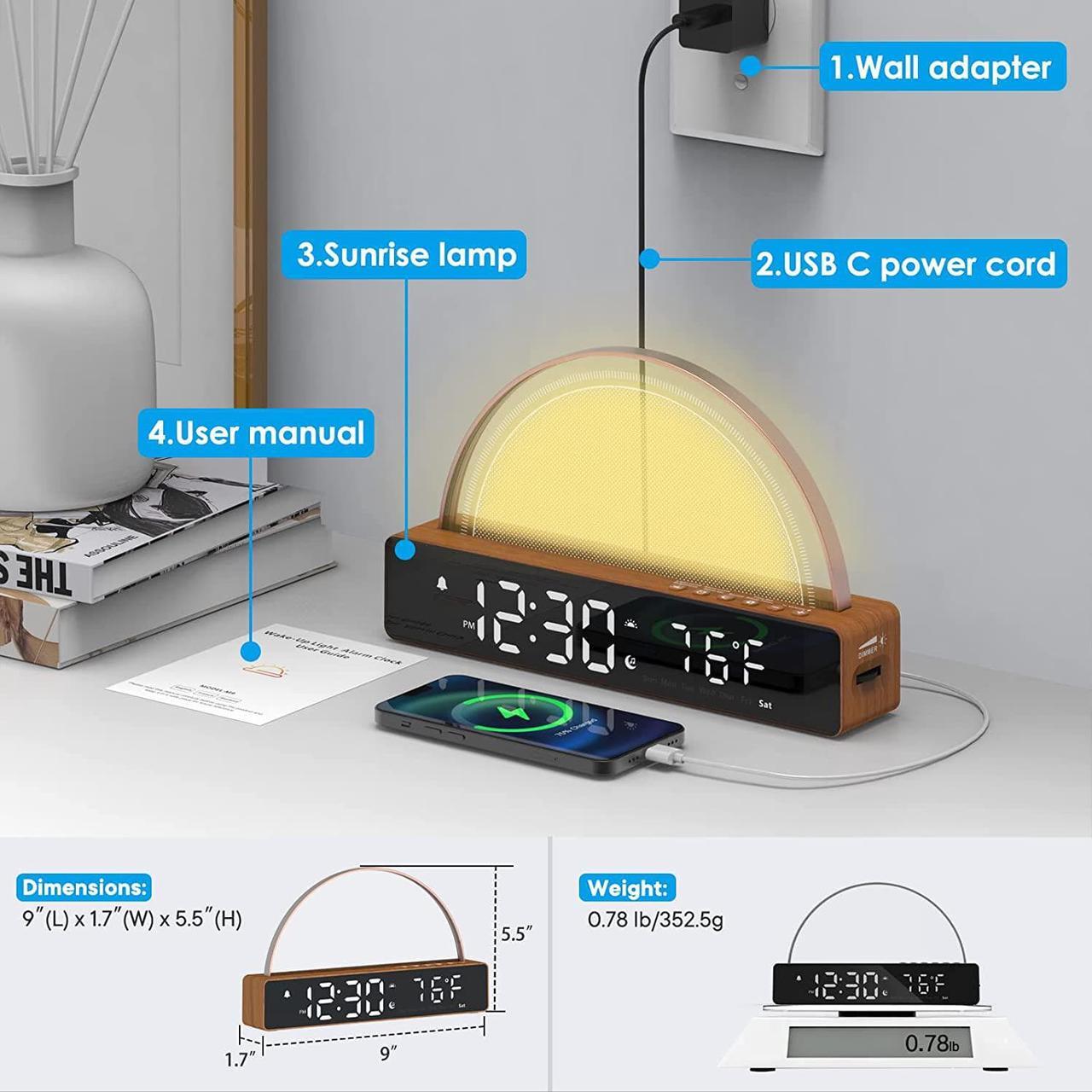 Alt view image 7 of 7 - Sunrise Alarm Clock, Wake Up Light Dawn Simulator, Bedside Lamp Color Night Light with USB Charger, Sleep Aid, Loud Sunlight Alarm Clock for Heavy Sleepers Adults, Gift for Kids Teens Boys Girls