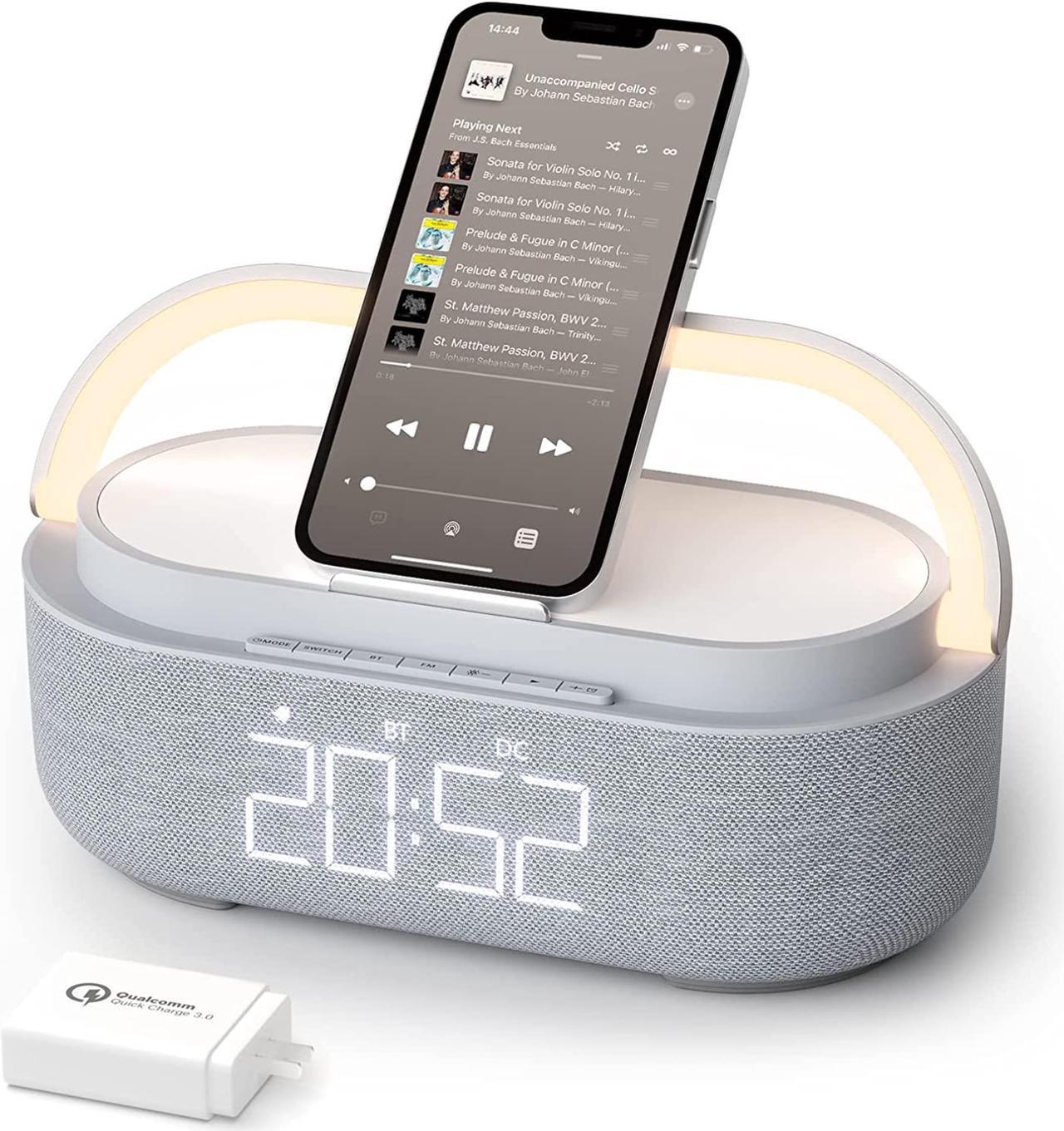 2023 Newest Bluetooth Speaker with Digital Alarm Clock, Wireless Charger, FM Clock Radio, Adjustable LED Night Light, Dual Wireless Speakers,2500mAh Battery for Bedroom,Home, Adaptor (Gray)