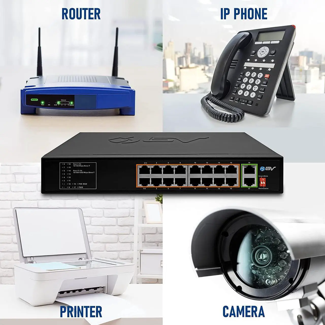 Alt view image 5 of 7 - BV-Tech 18 Ports Long Range PoE+ Switch (16 PoE+ Ports | 2 Gigabit Ethernet uplink) - 19" Rackmount - 135W - 802.3af/at -Desktop Design for Easy Set Up