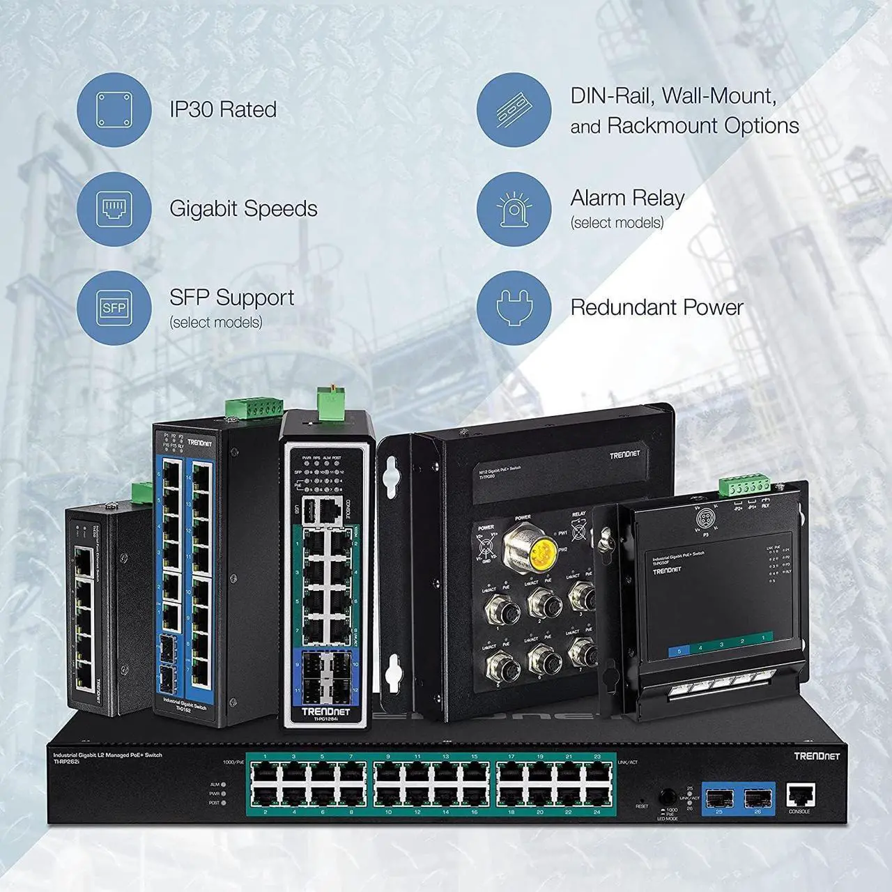 Alt view image 6 of 7 - TRENDnet Bundle 5-Port Hardened Industrial Unmanaged Gigabit Switch TI-PG50, 150W 52V DC 2.89A AC to DC DIN-Rail Industrial Power Supply TI-S15052
