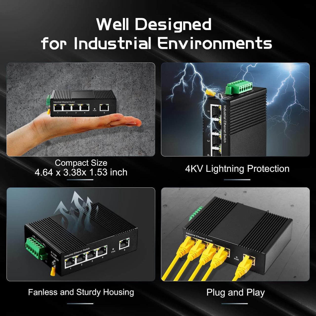 Alt view image 6 of 7 - Binardat 5 Port Gigabit Din Rail Industrial Ethernet Switch, 4 Ports and 1 Uplink 10/100/1000Mbps, Fanless Wall Mount, with One Power Supply