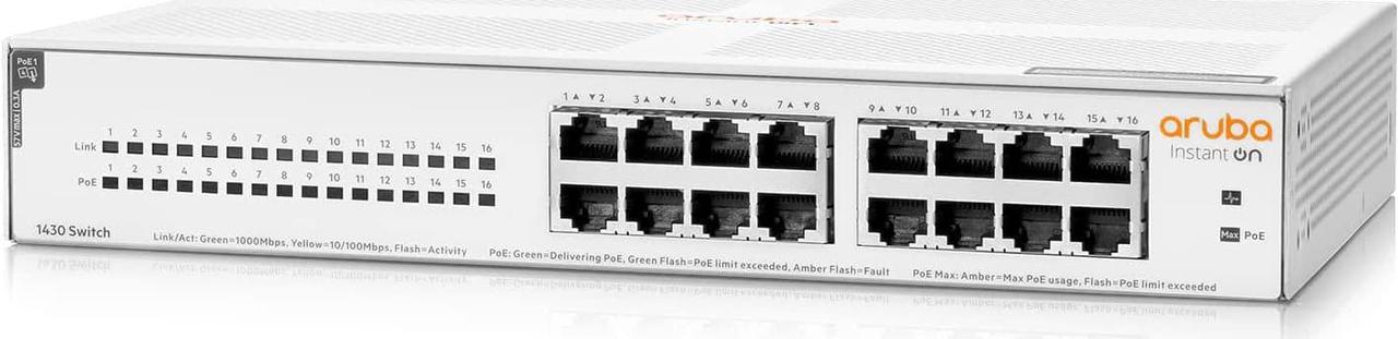 Aruba Instant On 1430 16-Port Gb Unmanaged PoE Switch | 16-Port Class 4 PoE (124W) - 16x 1G Ports | Fanless | US Cord (R8R48A#ABA)