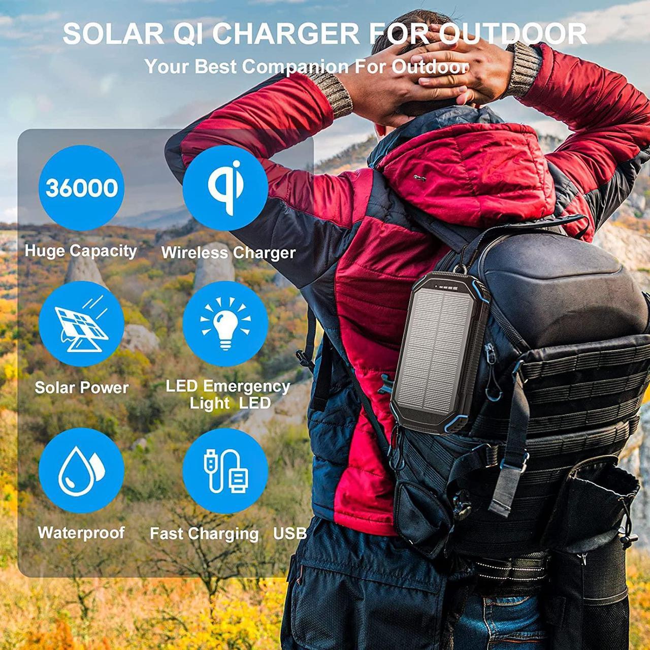 Alt view image 6 of 7 - Solar Power Bank 36000mAh,Qi Wireless Charger Built in 3 Cables, Portable Charger Battery Bank with 3 Input 4 Output,Waterproof Battery Pack Charger for iPhone 12,13,MacBook,Samsung Galaxy,Tablet