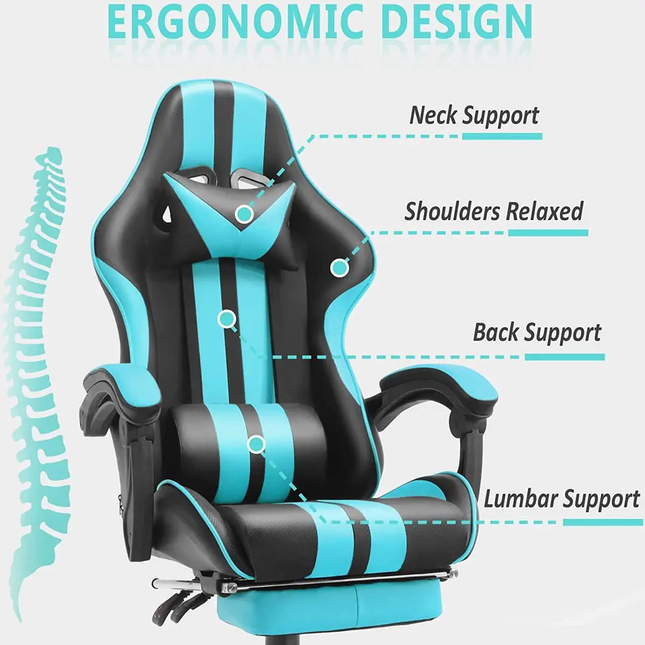 Alt view image 2 of 7 - Ferghana Miami Blue Gaming Chair, Gamer Chair, PC Gaming Chair, Ergonomic Gaming Chair, Computer Gaming Chair with Height Adjustment,Headrest for Adults Teens for Gaming Room,Streaming Room Decor