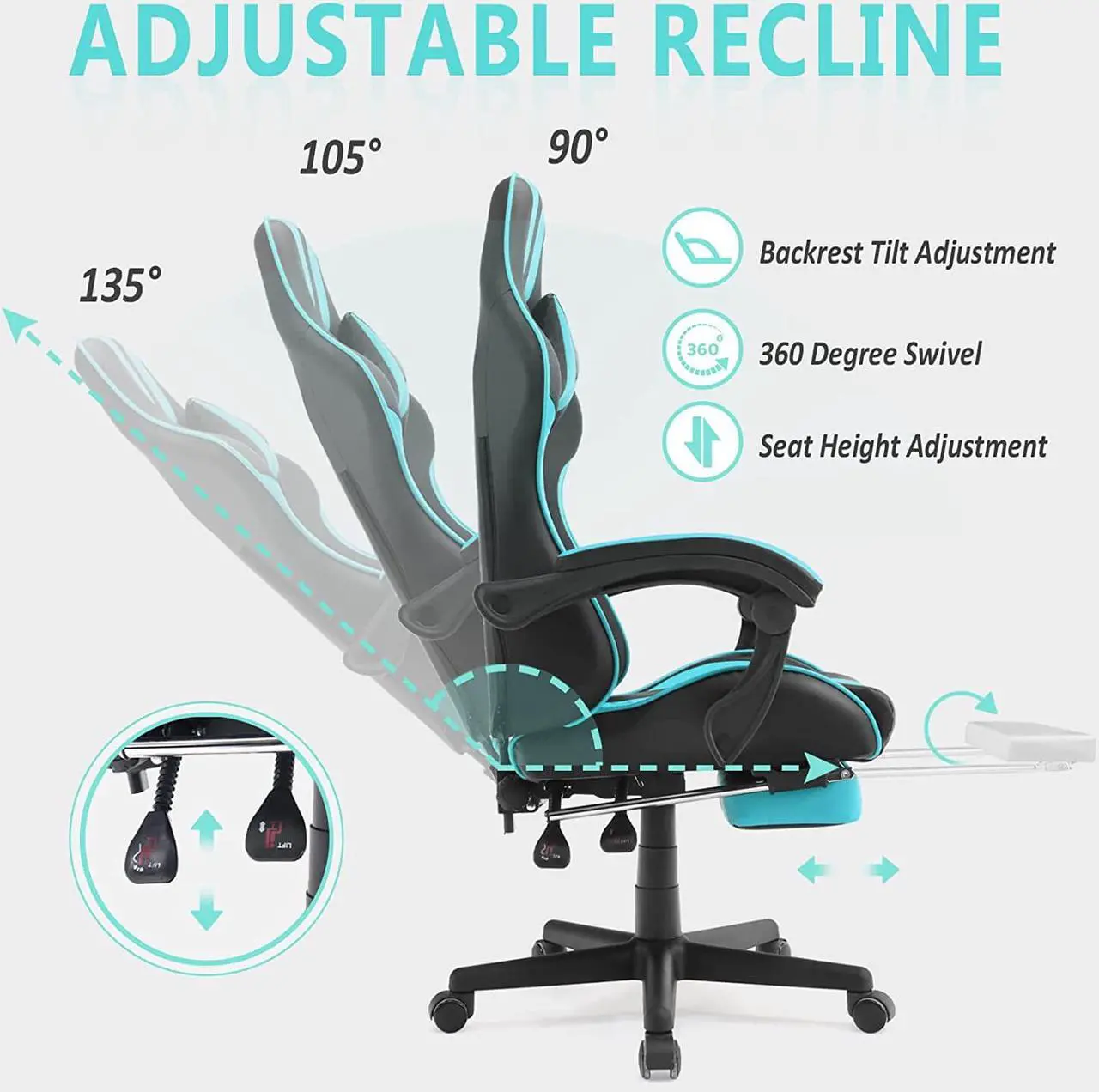 Alt view image 4 of 7 - Ferghana Miami Blue Gaming Chair, Gamer Chair, PC Gaming Chair, Ergonomic Gaming Chair, Computer Gaming Chair with Height Adjustment,Headrest for Adults Teens for Gaming Room,Streaming Room Decor
