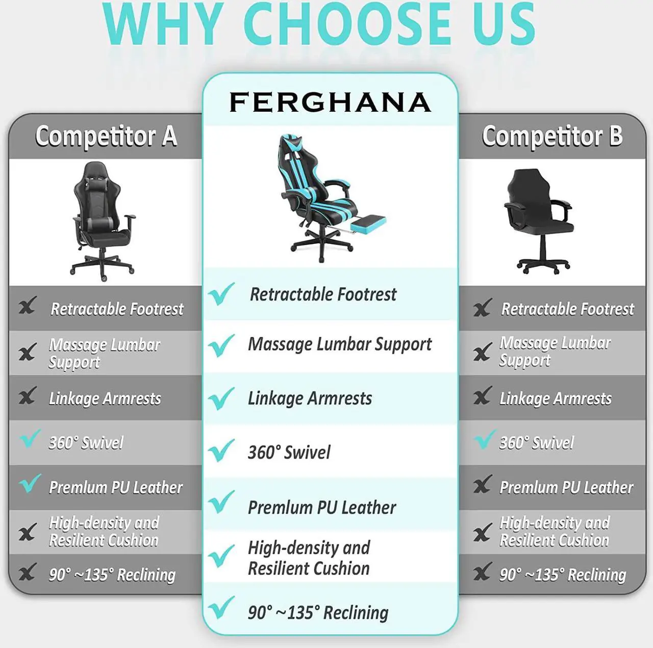 Alt view image 6 of 7 - Ferghana Miami Blue Gaming Chair, Gamer Chair, PC Gaming Chair, Ergonomic Gaming Chair, Computer Gaming Chair with Height Adjustment,Headrest for Adults Teens for Gaming Room,Streaming Room Decor