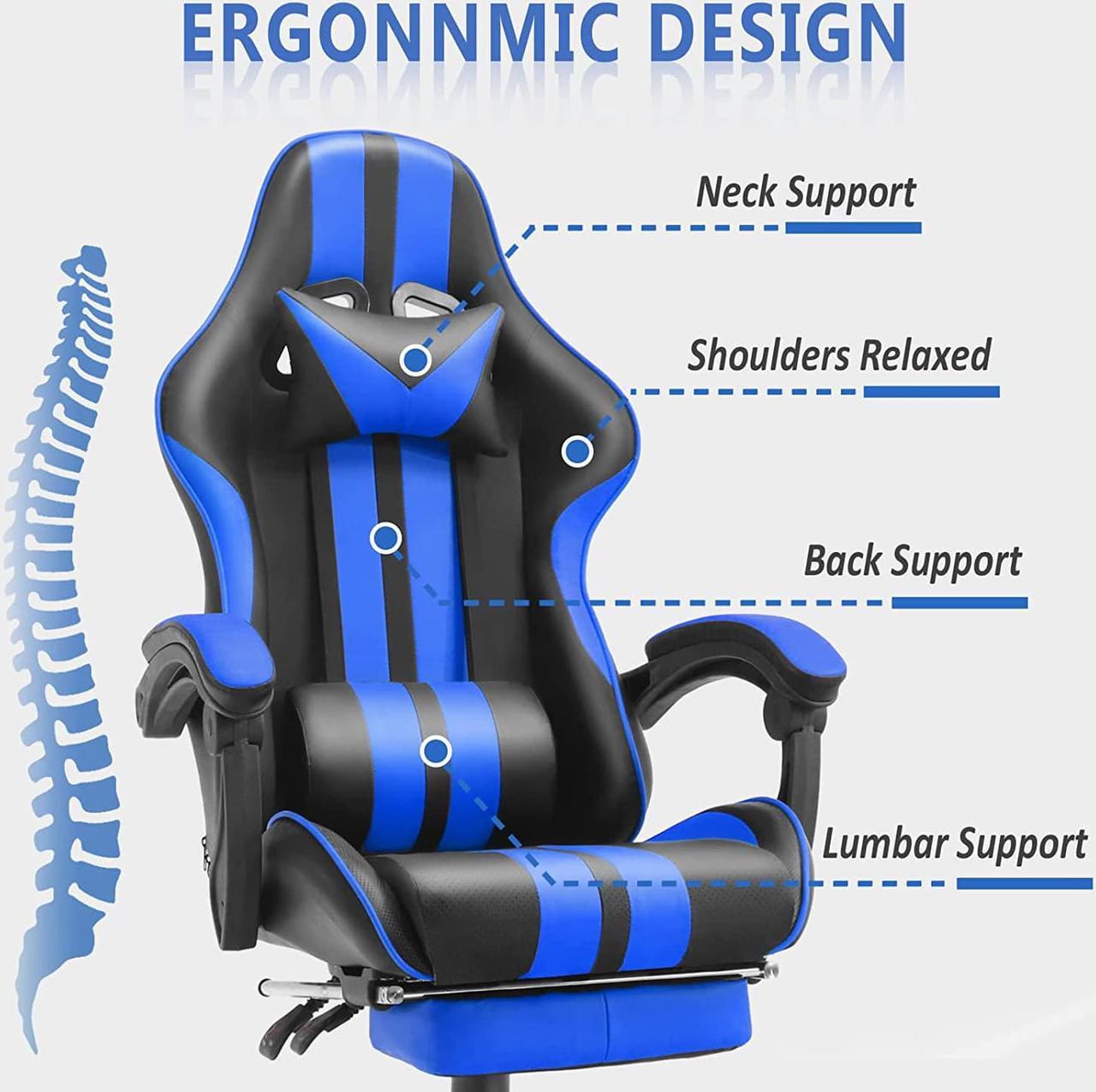 Alt view image 4 of 7 - Racing Style PC Computer Chair,Computer Gaming Chair, E-Sports Chair,Ergonomic Office Chair with Height Adjustment,Retractable Footrest,Headrest and Massage Lumbar Support(Navy Blue)