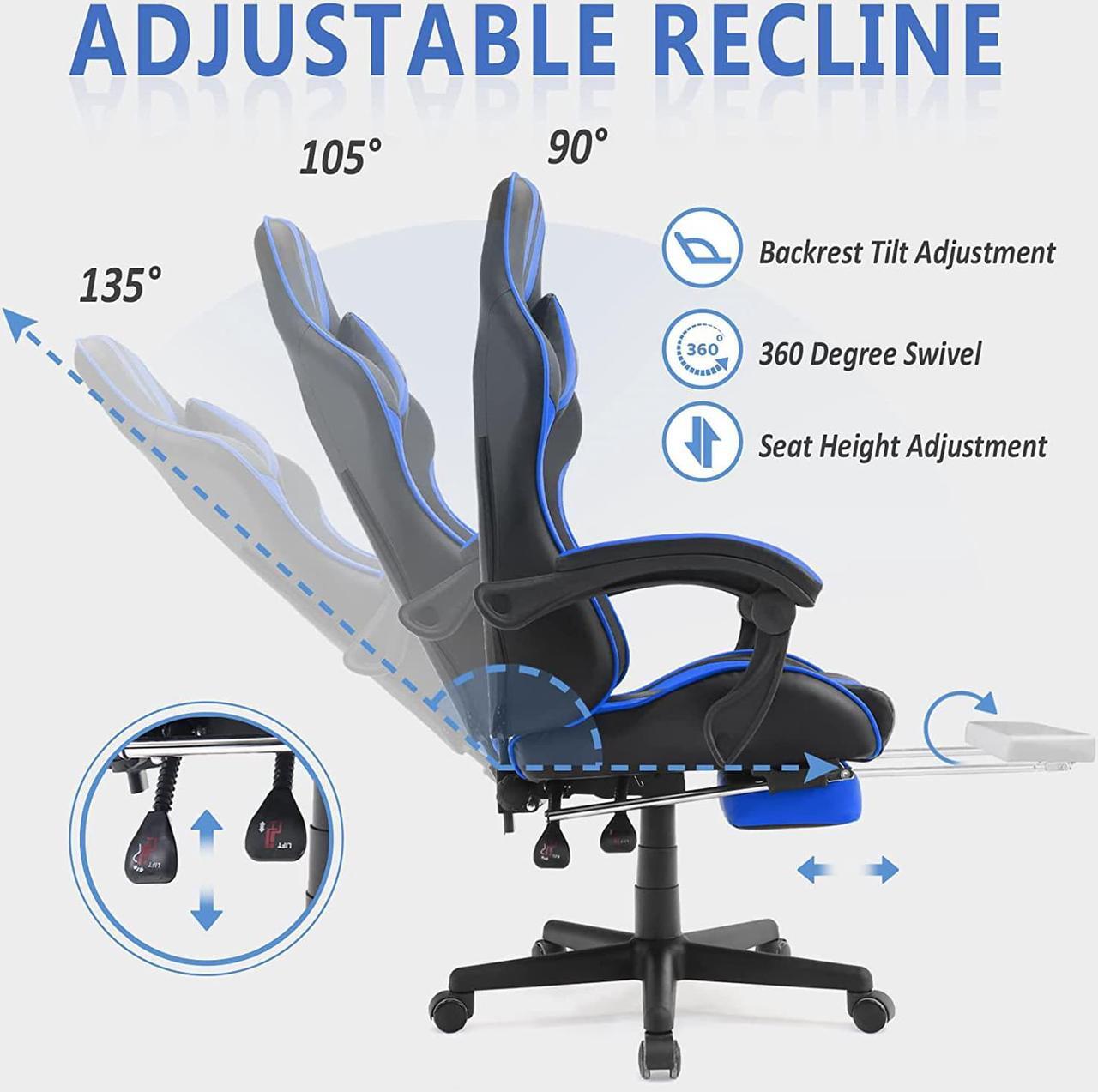 Alt view image 5 of 7 - Racing Style PC Computer Chair,Computer Gaming Chair, E-Sports Chair,Ergonomic Office Chair with Height Adjustment,Retractable Footrest,Headrest and Massage Lumbar Support(Navy Blue)