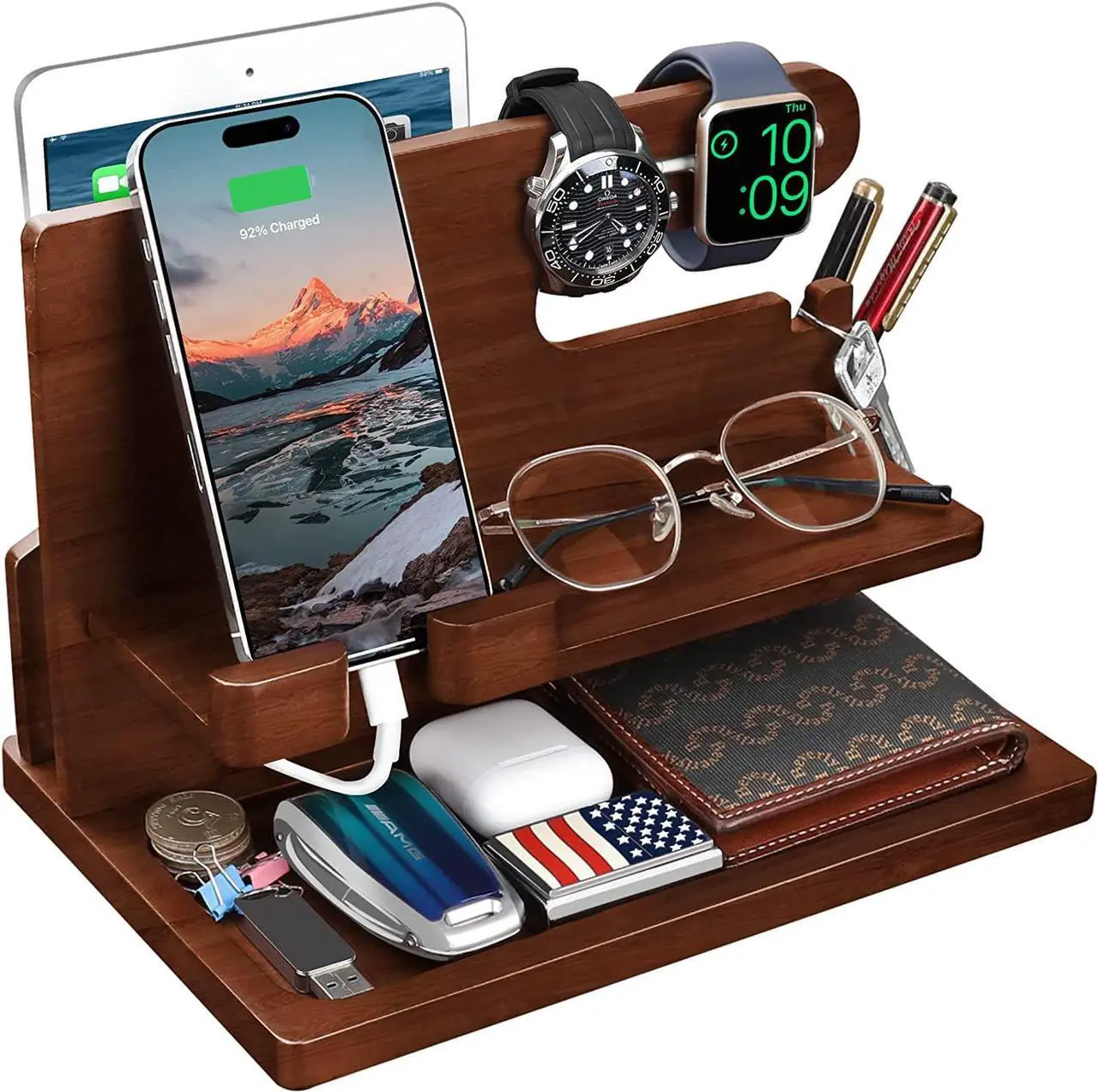 Main image of Gifts for Men Wood Phone Docking Station for Men Nightstand Organizer Gifts for Dad Charging Station Cell Phone Stand Desk Organizer Gifts for Husband Boyfriend Brother Son