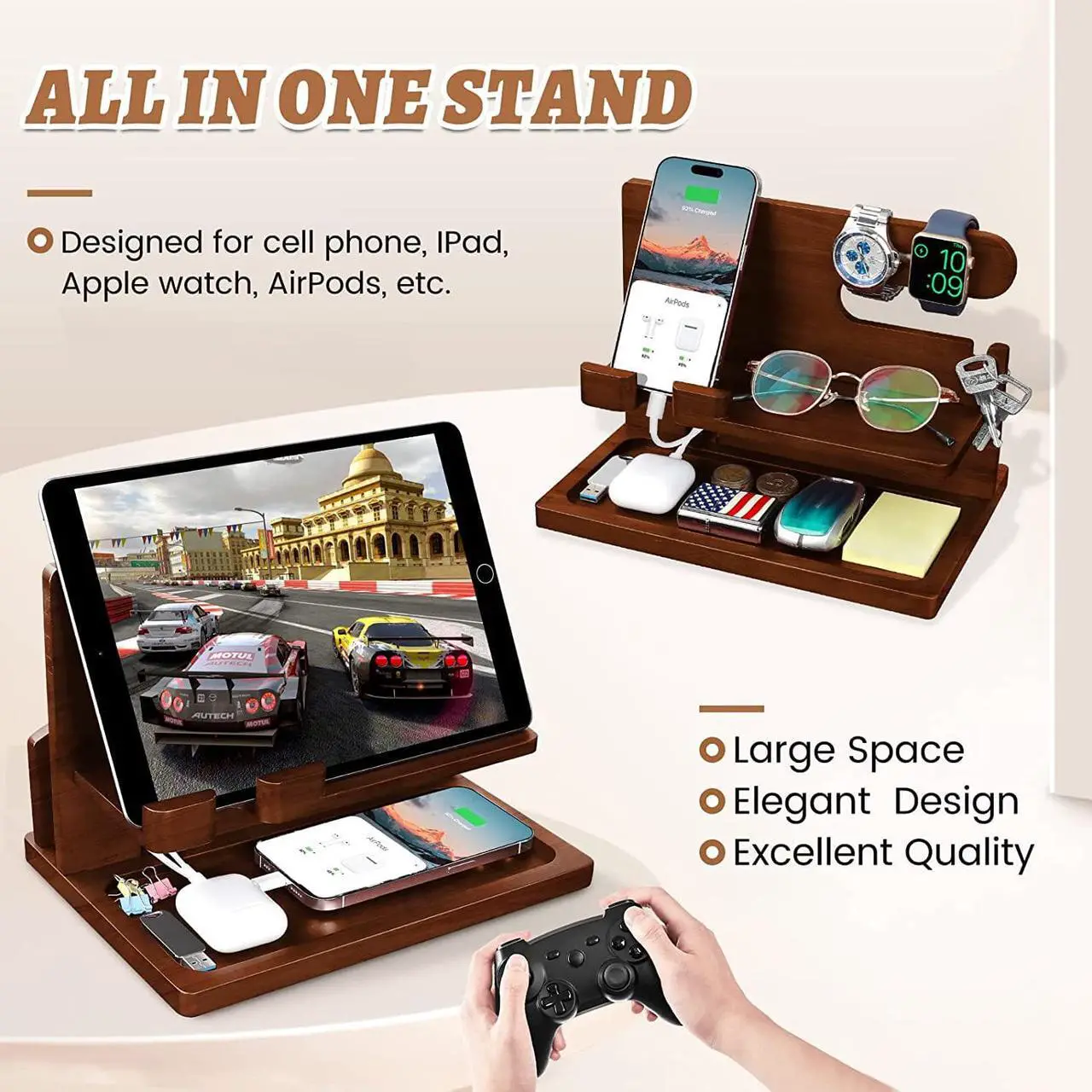 Alt view image 2 of 7 - Gifts for Men Wood Phone Docking Station for Men Nightstand Organizer Gifts for Dad Charging Station Cell Phone Stand Desk Organizer Gifts for Husband Boyfriend Brother Son