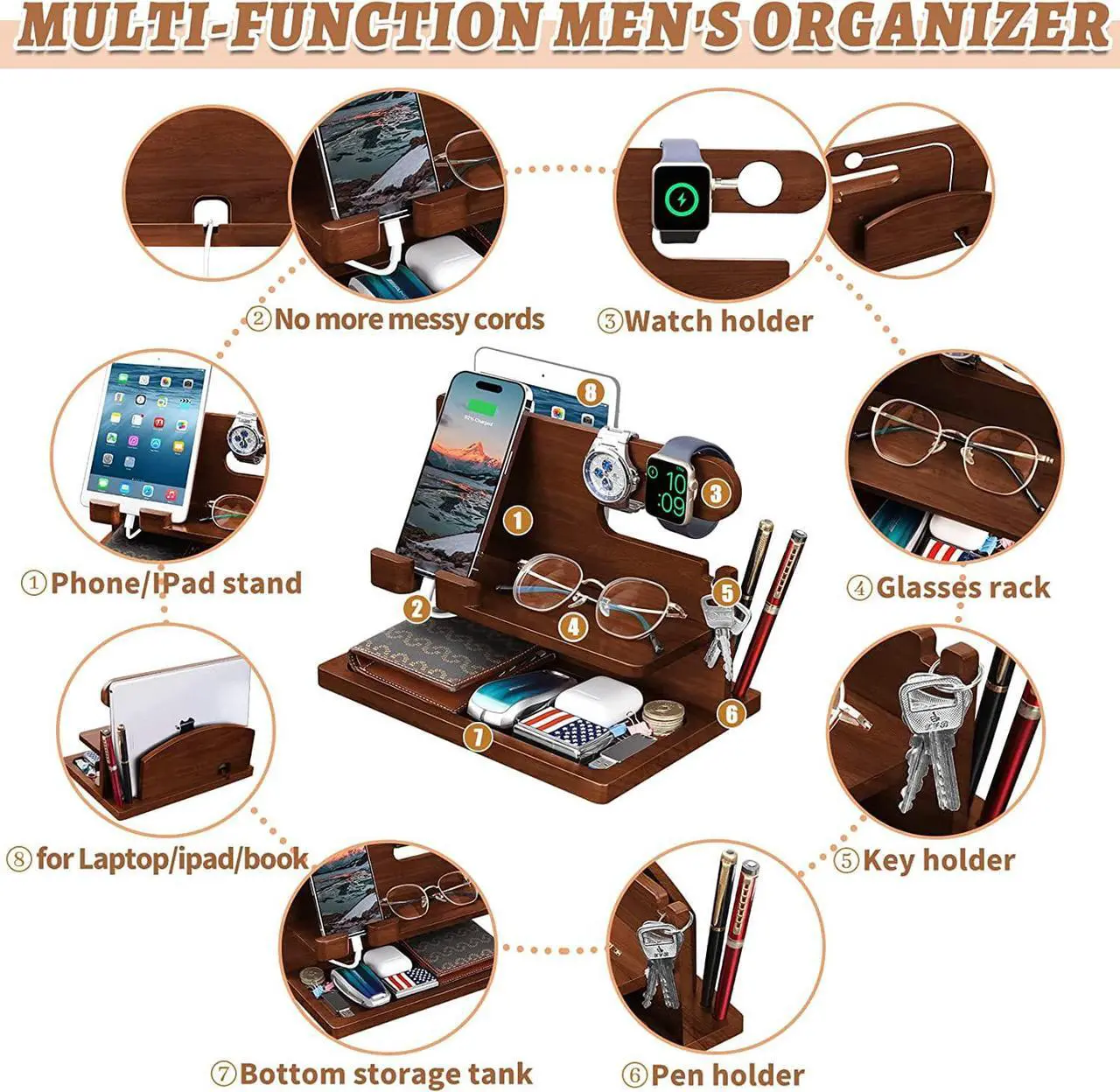 Alt view image 3 of 7 - Gifts for Men Wood Phone Docking Station for Men Nightstand Organizer Gifts for Dad Charging Station Cell Phone Stand Desk Organizer Gifts for Husband Boyfriend Brother Son