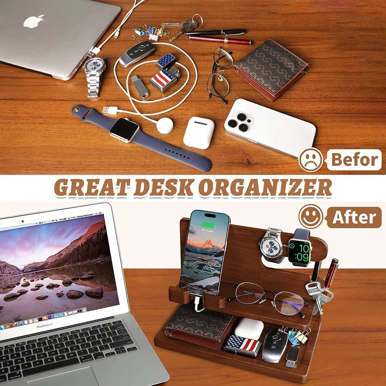 Alt view image 4 of 7 - Gifts for Men Wood Phone Docking Station for Men Nightstand Organizer Gifts for Dad Charging Station Cell Phone Stand Desk Organizer Gifts for Husband Boyfriend Brother Son