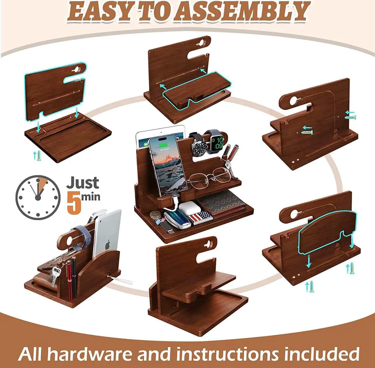 Alt view image 6 of 7 - Gifts for Men Wood Phone Docking Station for Men Nightstand Organizer Gifts for Dad Charging Station Cell Phone Stand Desk Organizer Gifts for Husband Boyfriend Brother Son