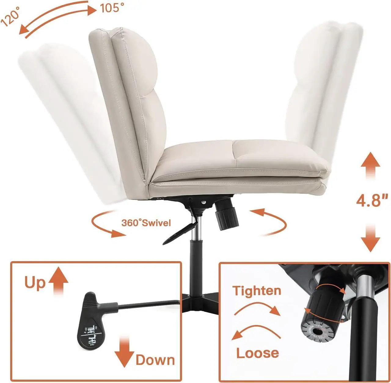 Alt view image 7 of 7 - Armless Office Desk Chair No Wheels PU-Padded Vanity Mid-Back Ergonomic Home Computer Comfortable Adjustable Swivel Task Chair with Thickened Cushion
