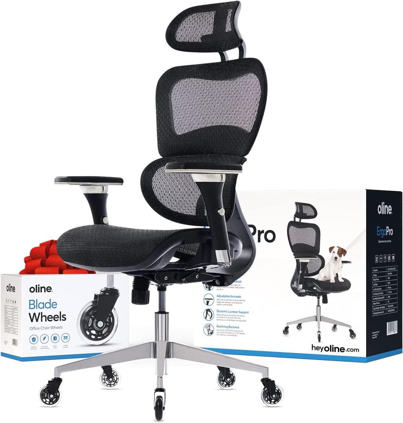 Oline ErgoPro Ergonomic Office Chair with Reclining Backrest, Adjustable Headrest, Lumbar Support, Breathable Mesh, Gas Lift, and Blade Wheels, Black