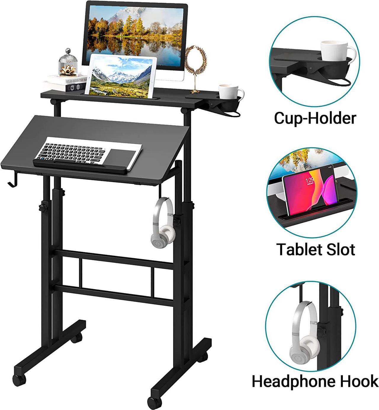 Alt view image 6 of 7 - Adjustable Height Standing Desk with Cup Holder, Portable and Easy to Move, Ideal for Home or Office, Black